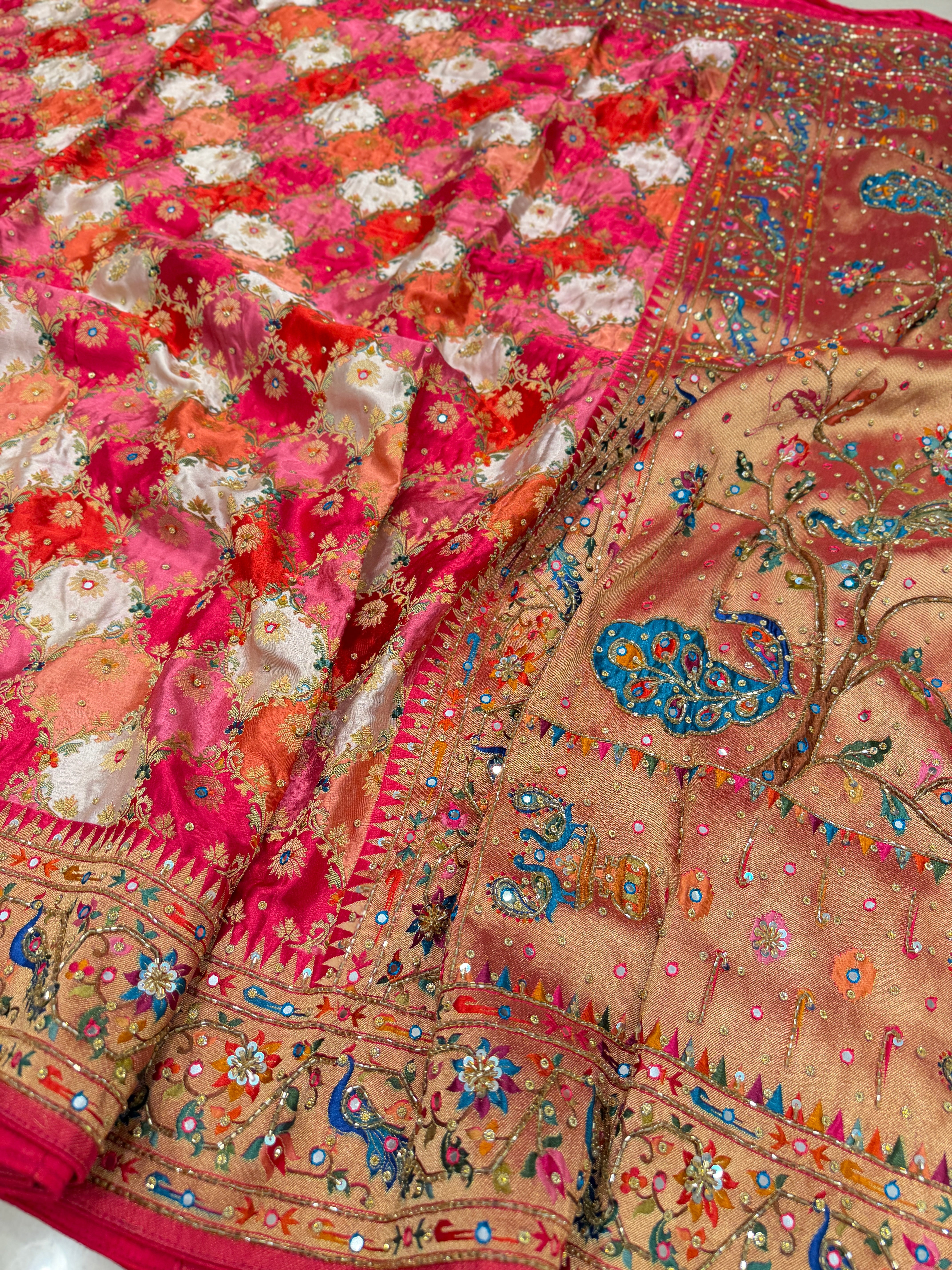 White Rani Banarasi Modal Rangkat Hand Embroidery Saree