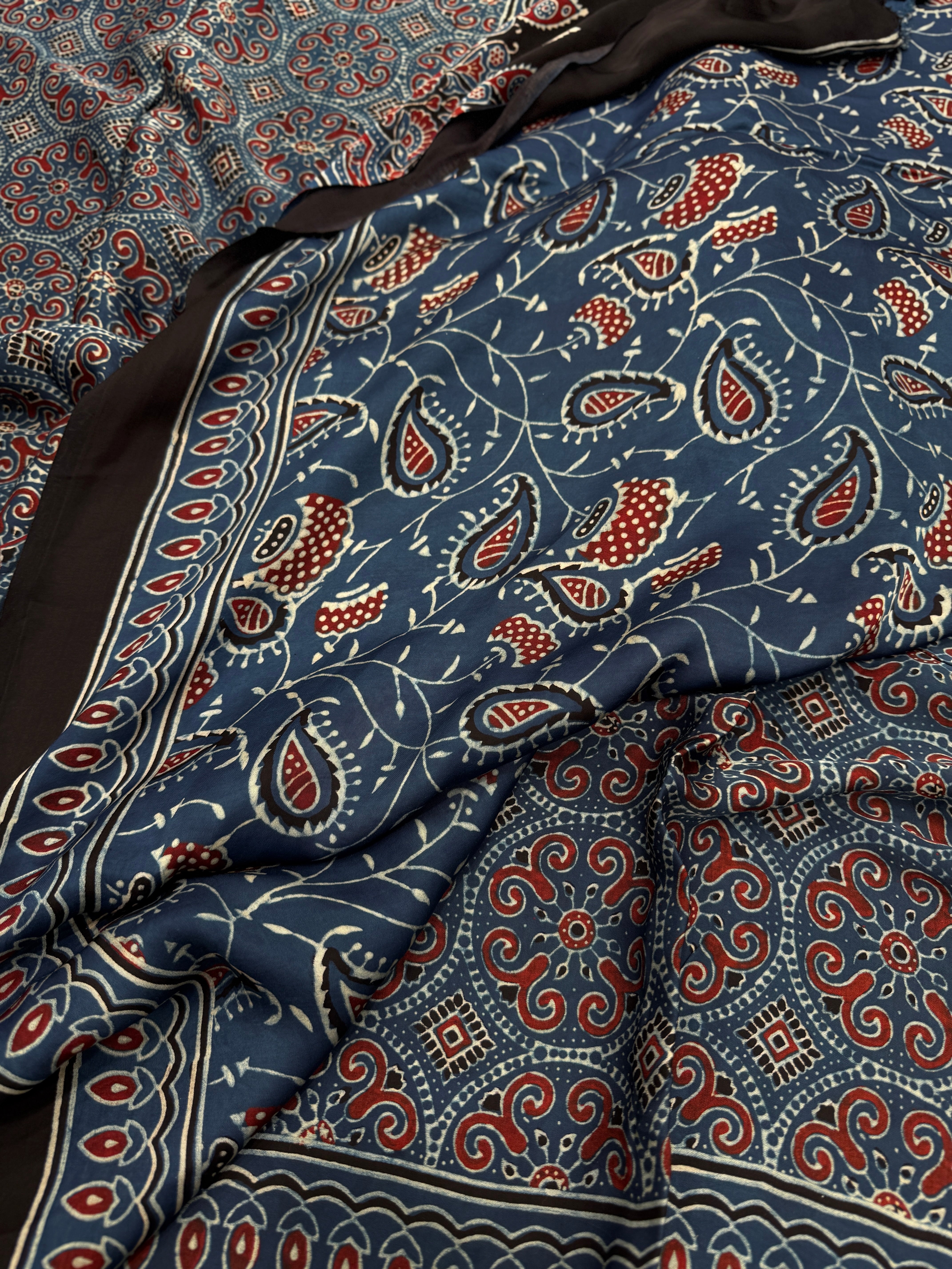 Blue Circle Badam Jaal Ajrakh Block Print Hand Pure Gajji Silk Saree