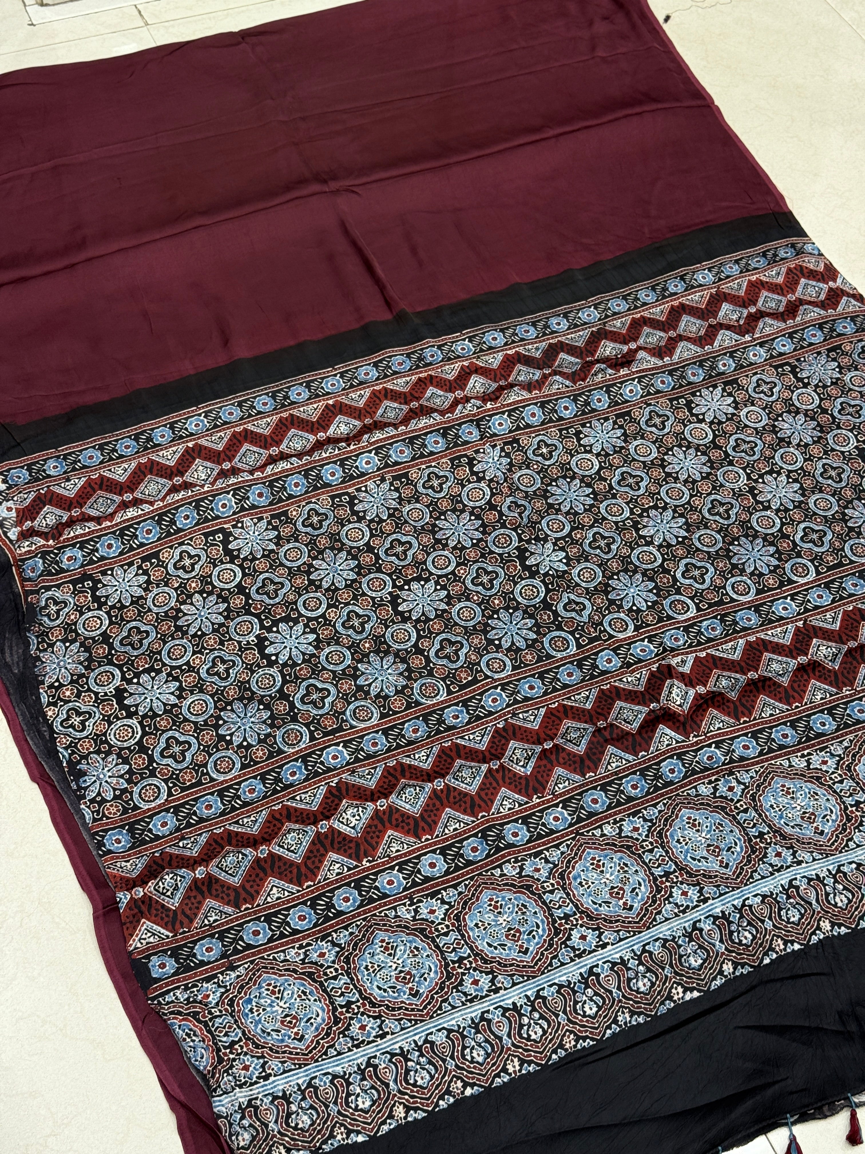 Wine Black Pallu Plain Modal Gajji Silk Ajrakh Saree