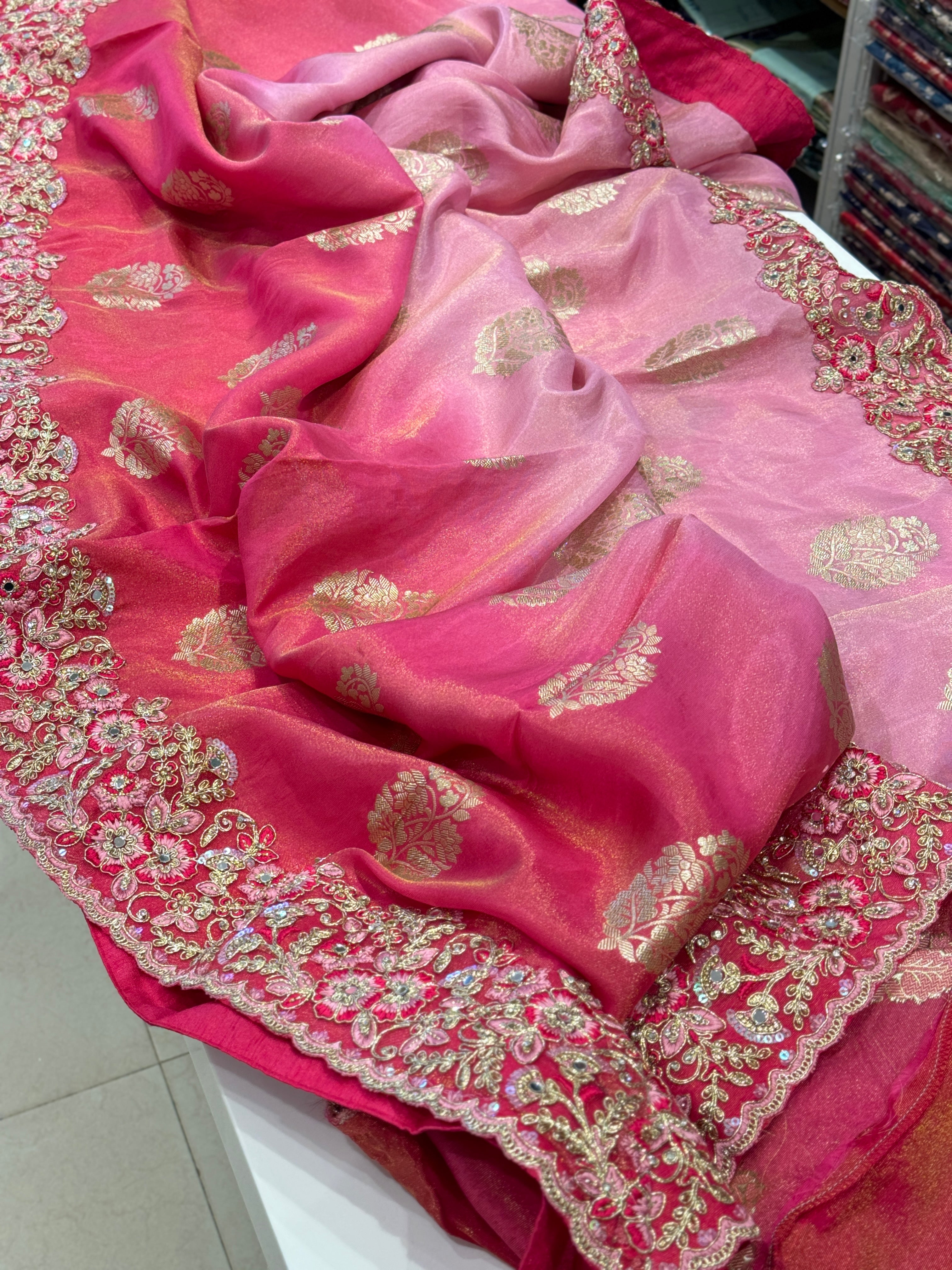 Rani Shaded Crepe Tissue Embroidery Saree