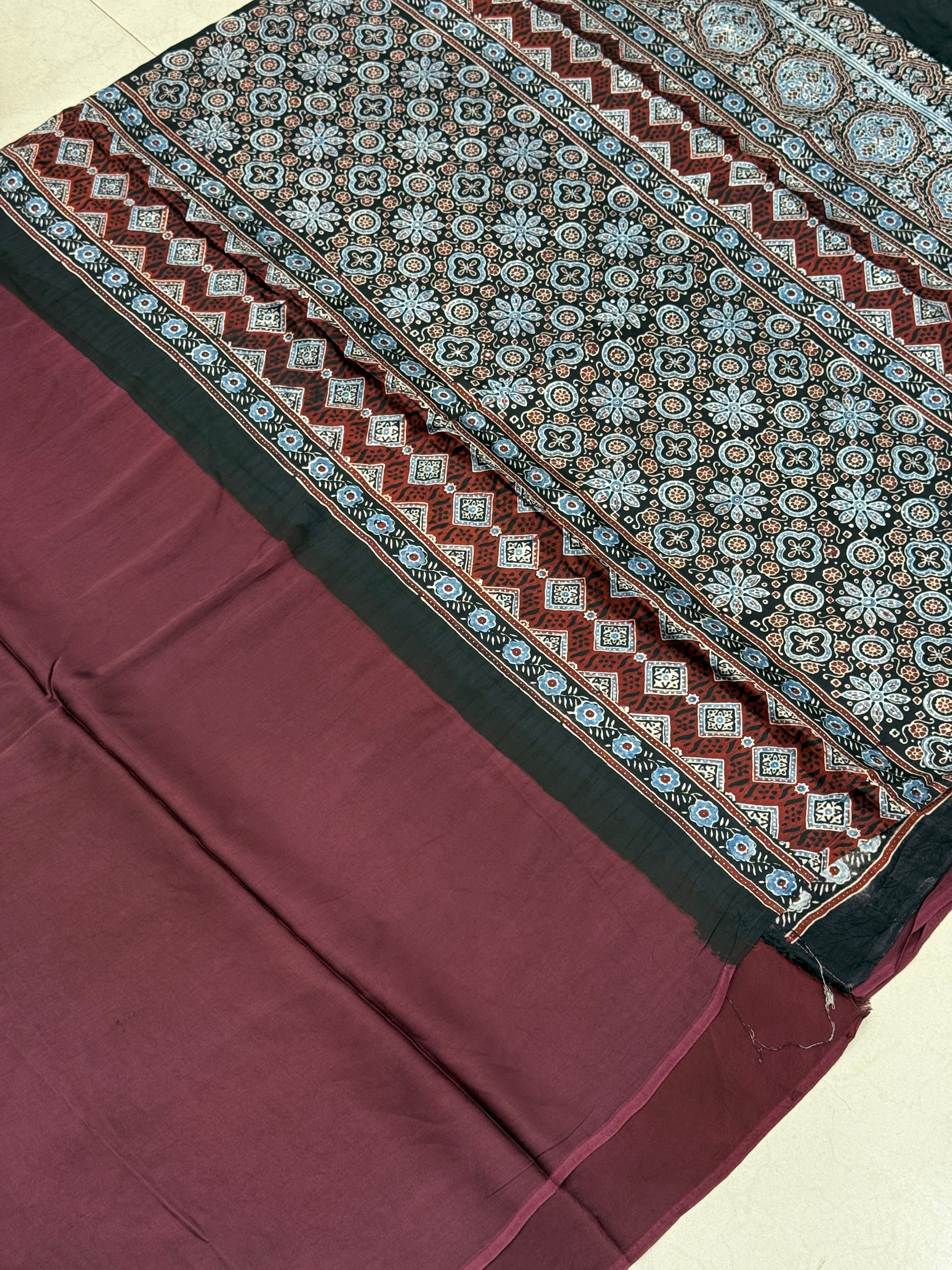 Wine Black Pallu Plain Modal Gajji Silk Ajrakh Saree