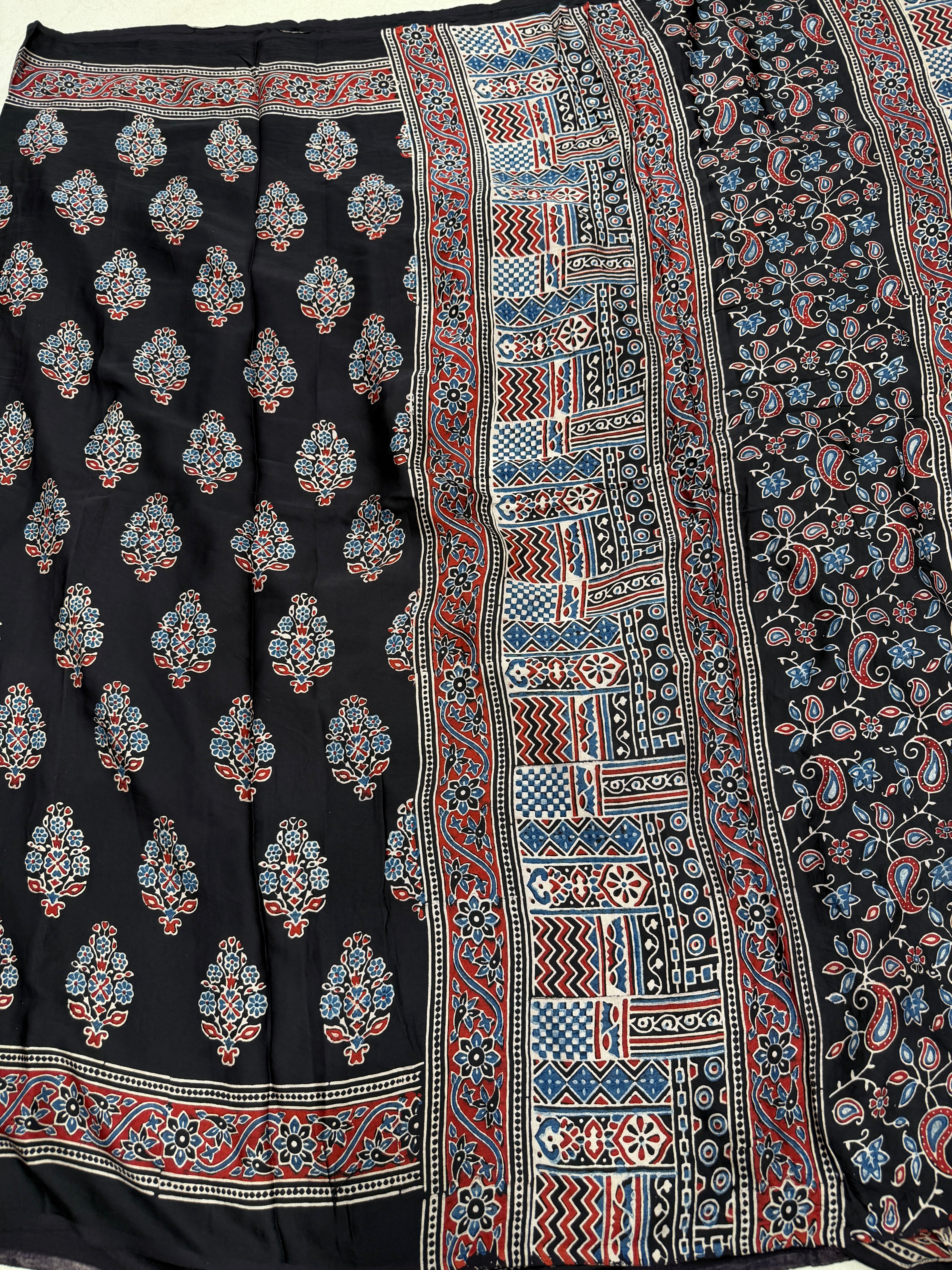 Black Floral Buttas Ajrakh Hand Block Print Pure Gajji Silk Saree