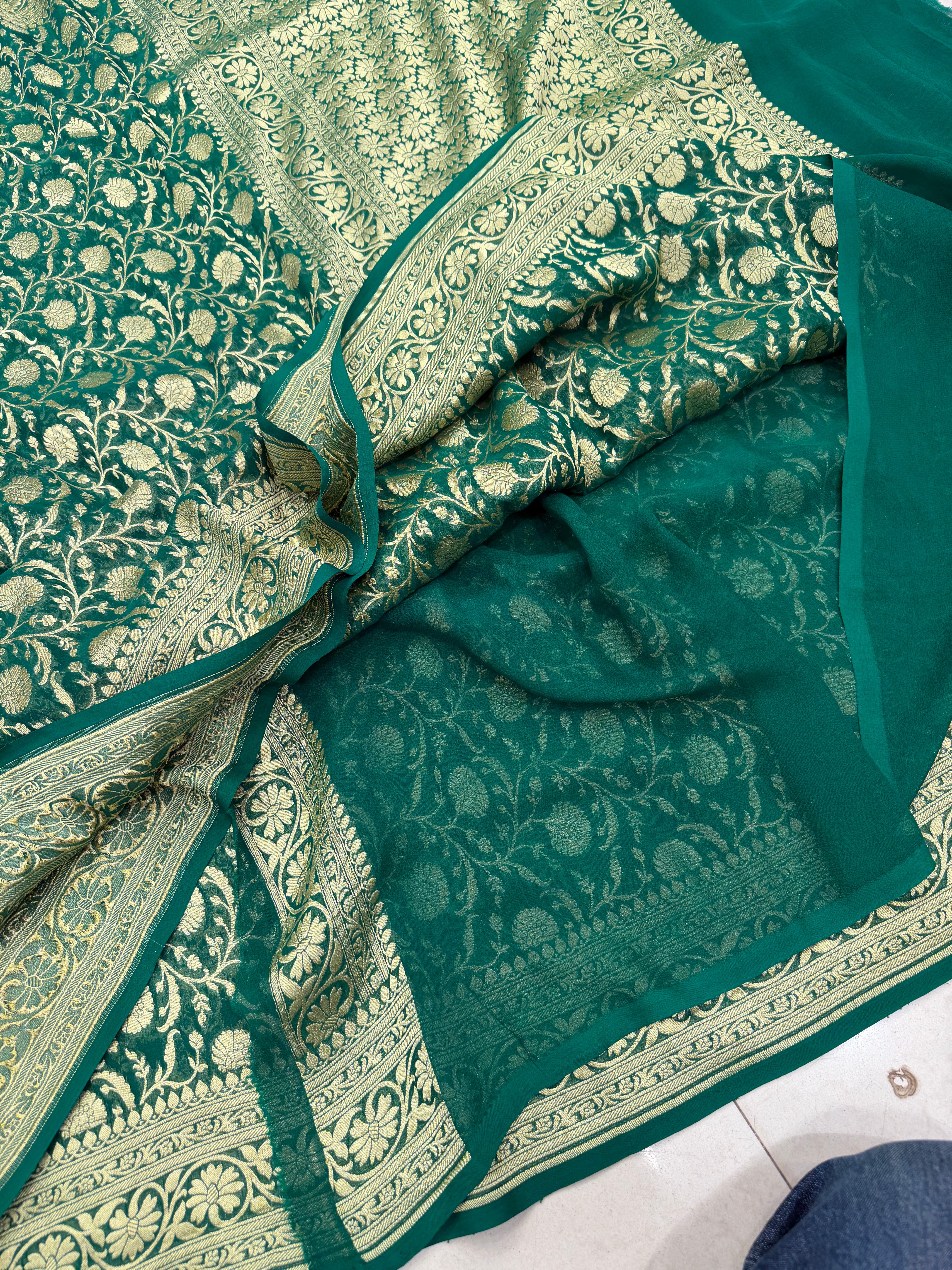 Bottle Green Mughal Jaal Handloom Banarasi Khaddi Georgette Saree