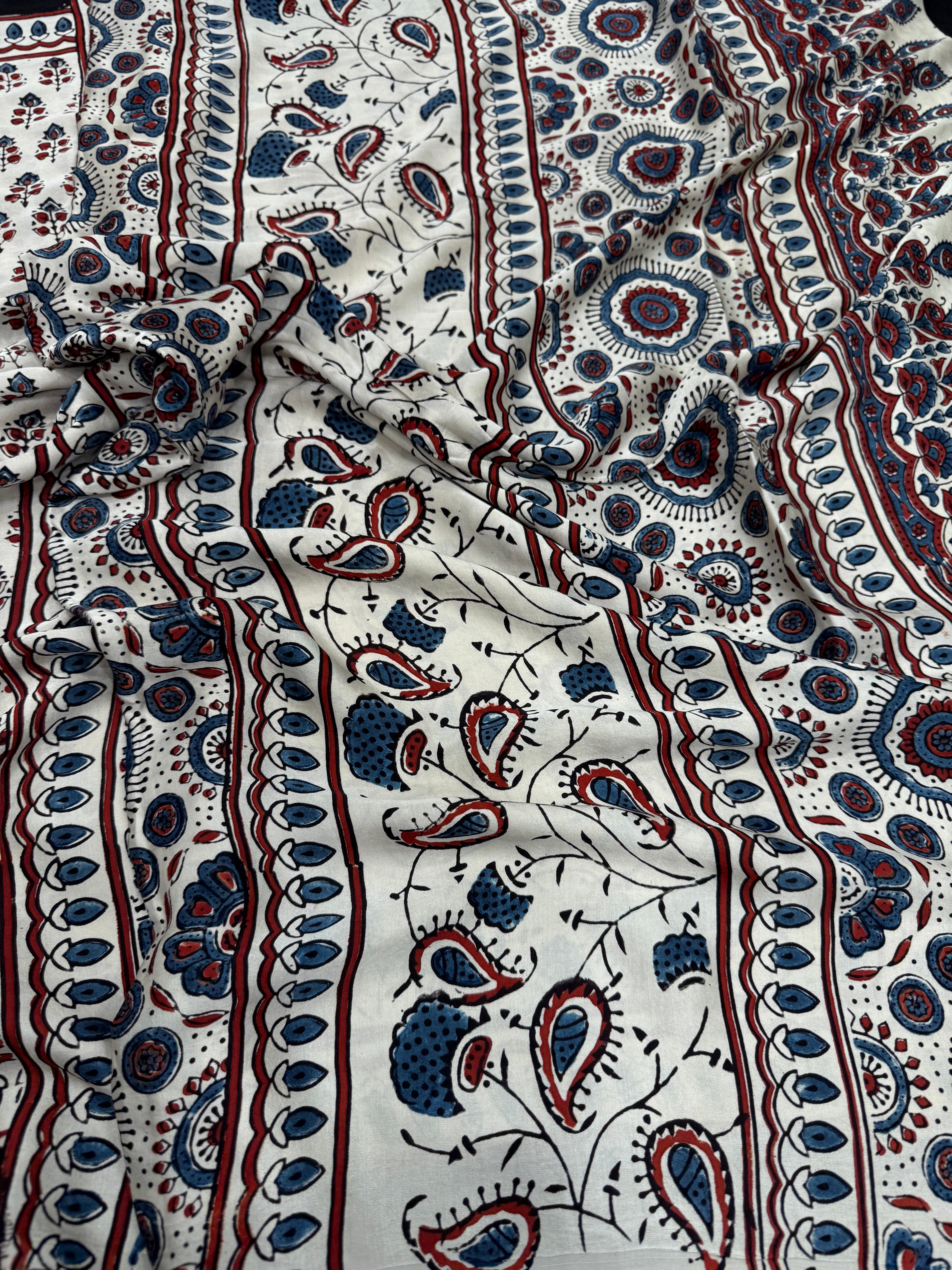 White Small Leaf Butti Modal Silk Ajrakh Saree