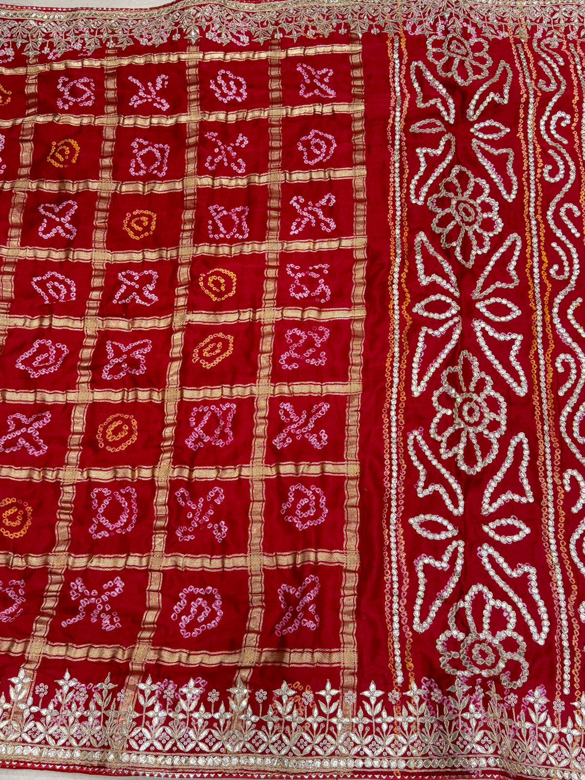 Red Gajji Silk Gharchola Rai Bandhej Gotapatti Marodi Hand Embroidery Saree
