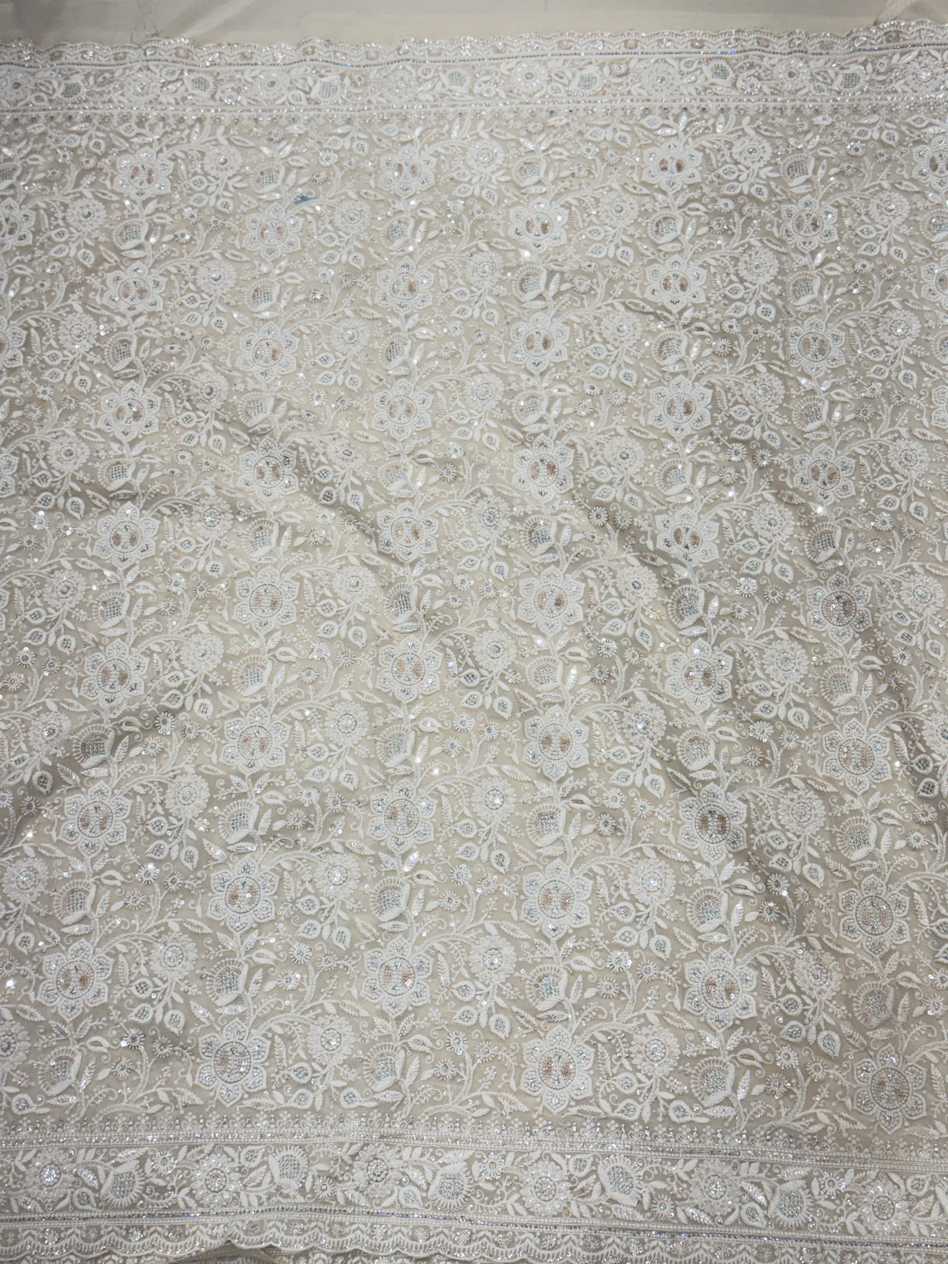 Moti White Chikankari Small Scallop Design Saree