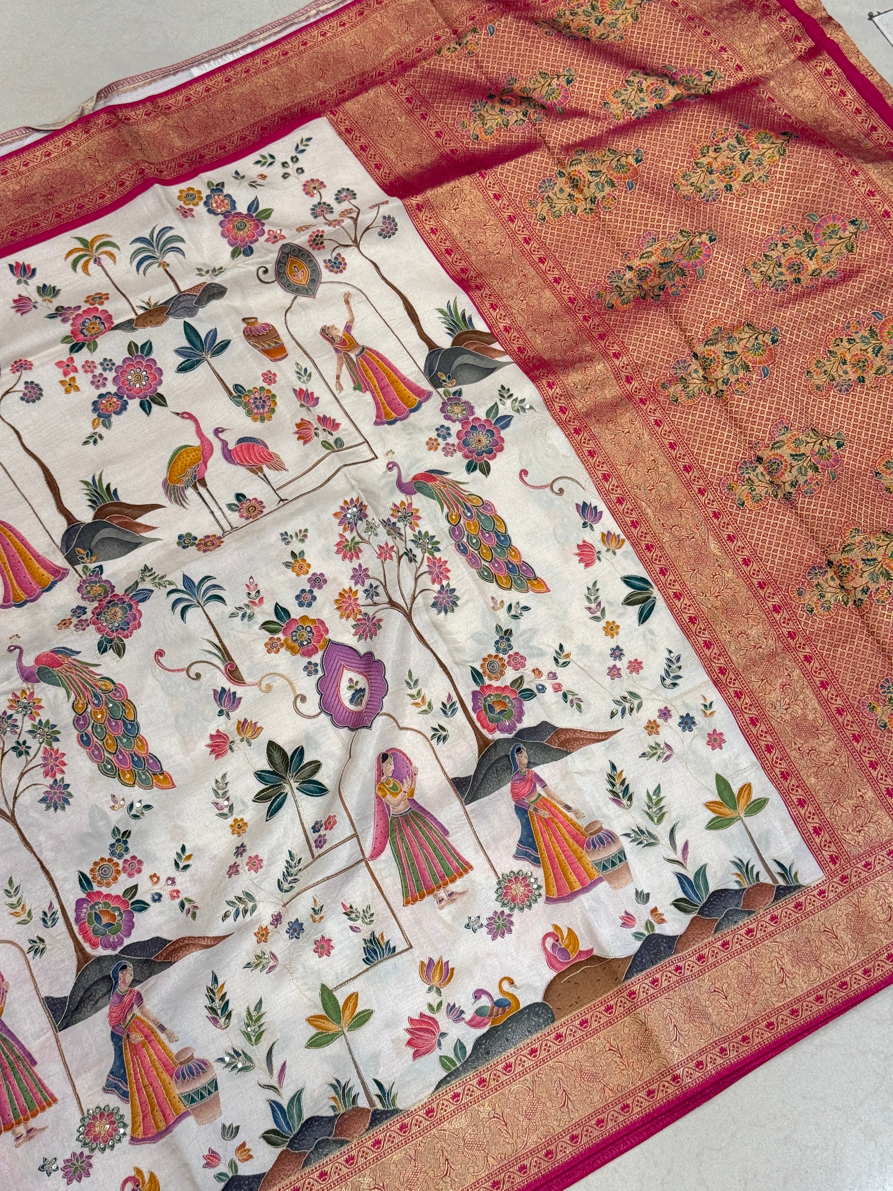 Off White Munga Silk Saree With Pita Embroidery