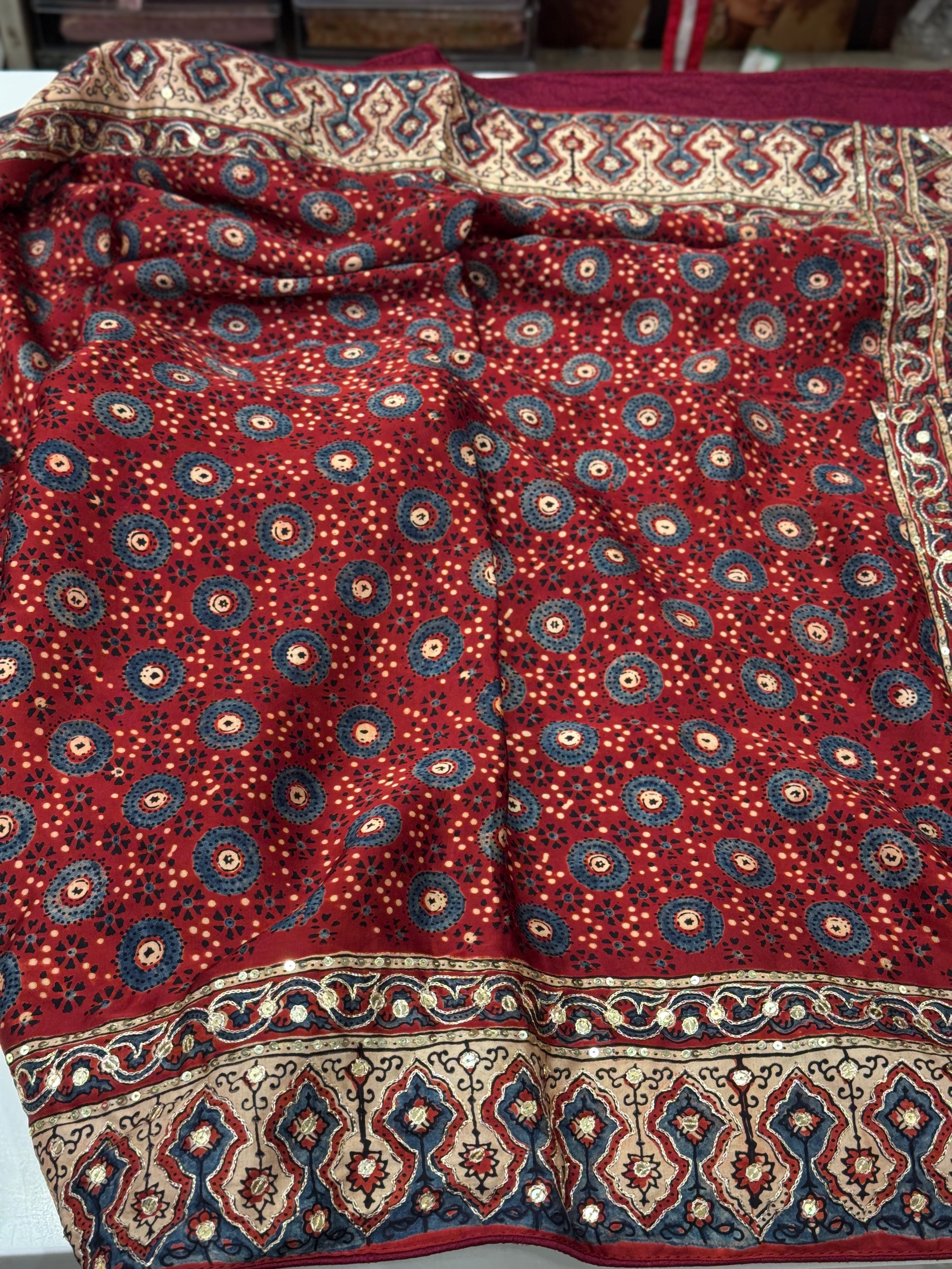 Red Blue Buttis Pita Zardosi Sequin Ajrakh Hand Embroidery Saree