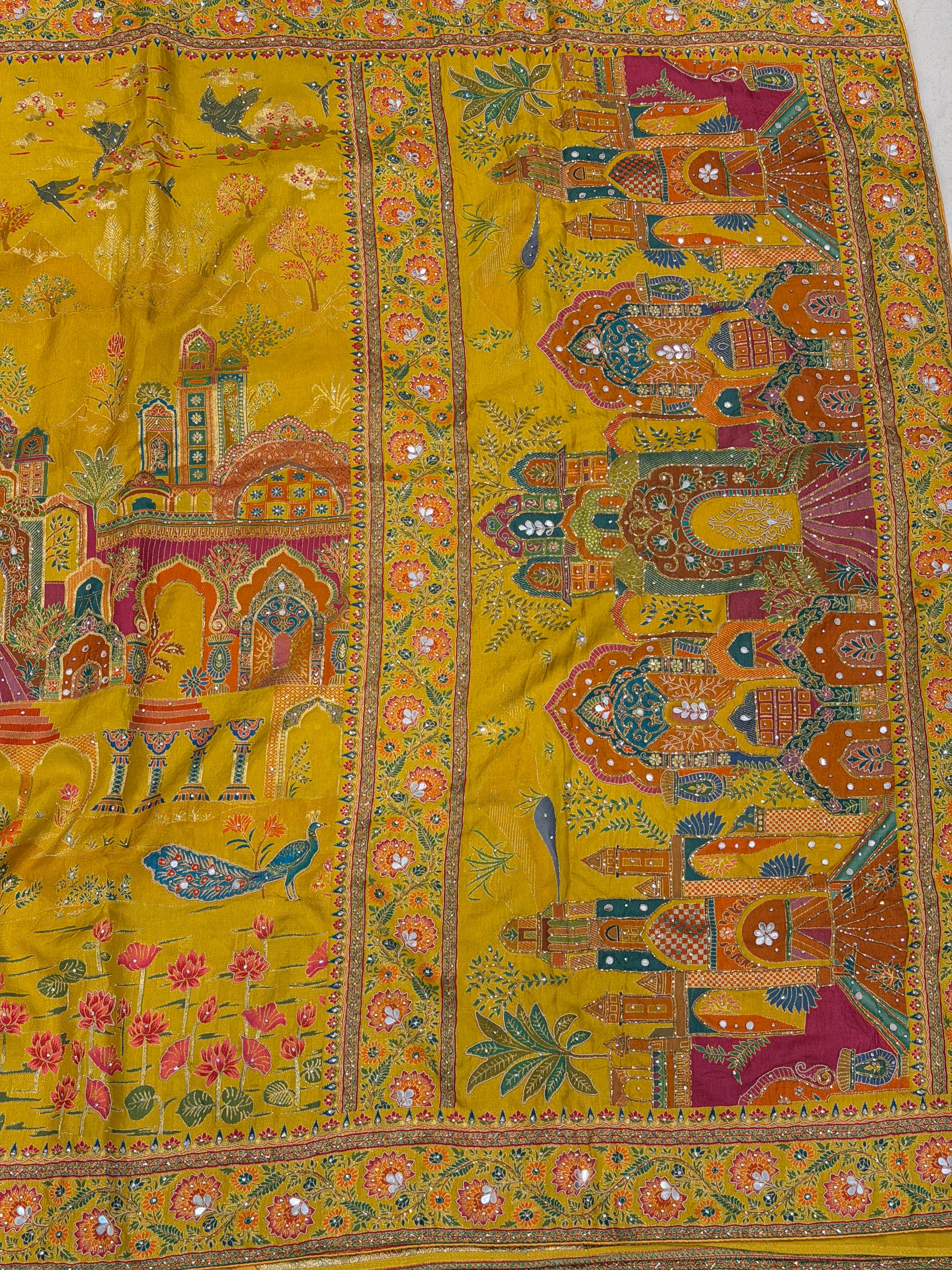 Yellow Palace Landscape Hand Embroidery Pashmina Saree