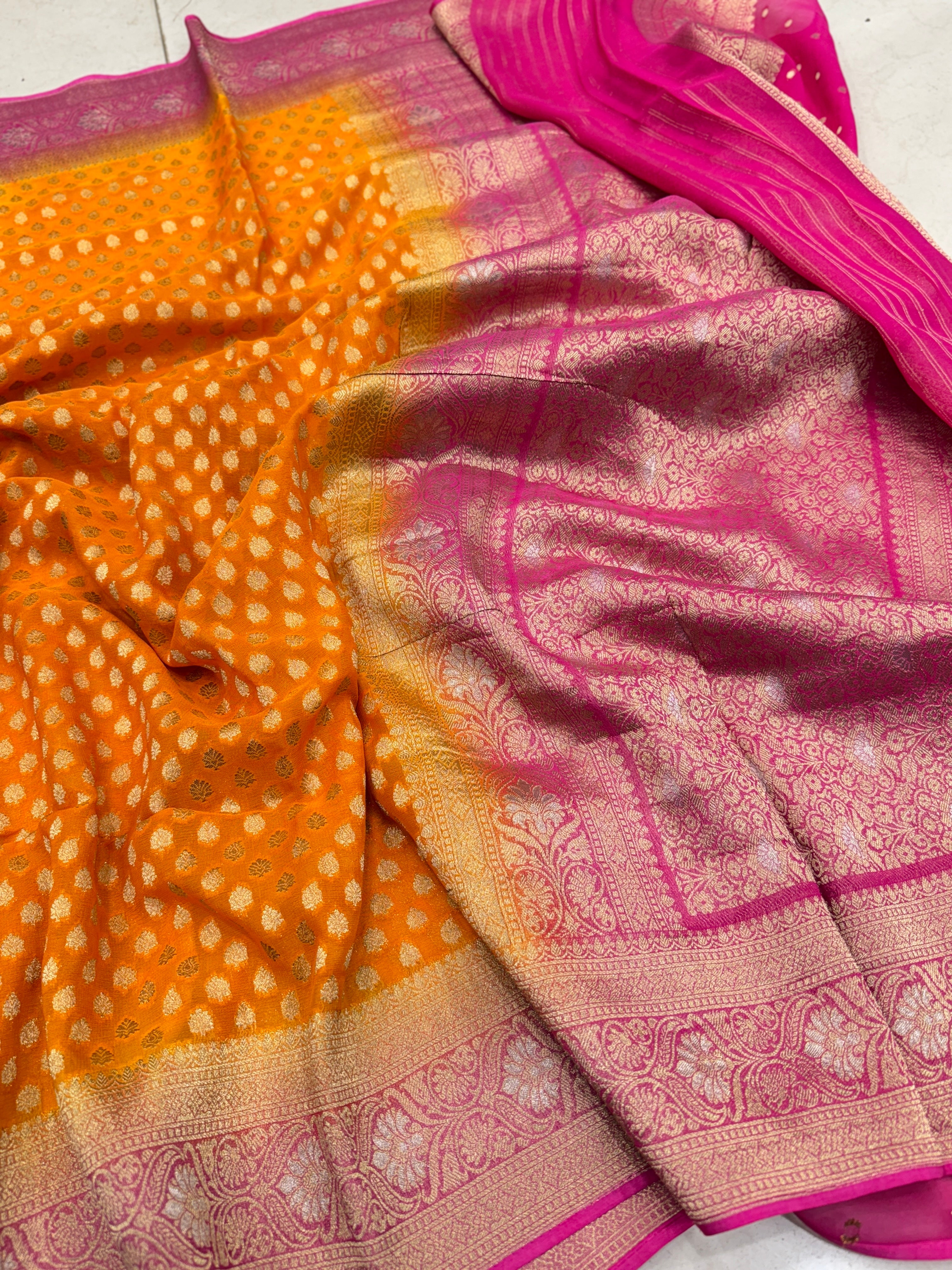 Orange Rani Banarasi Georgette Butti Saree