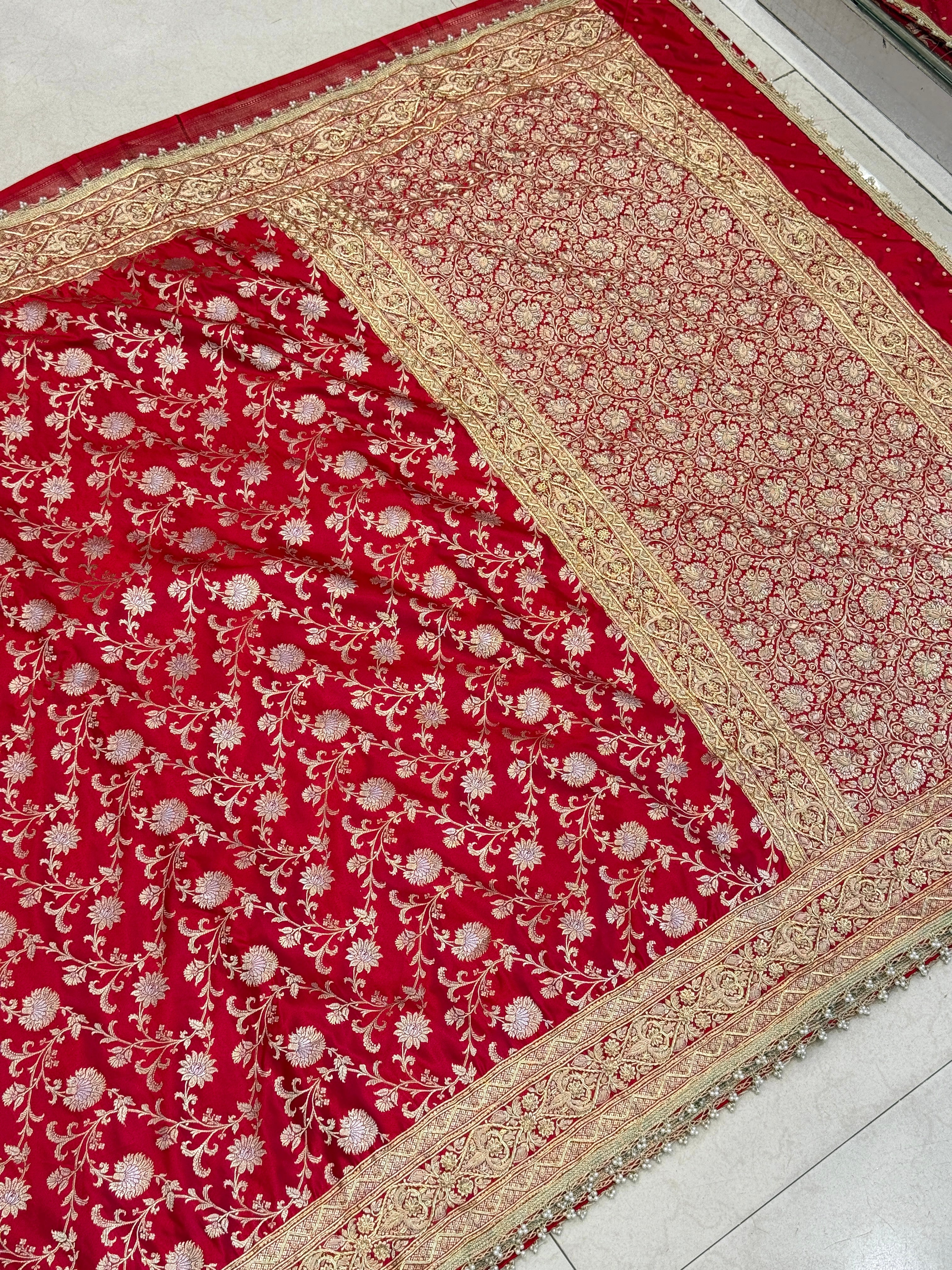 Red Banarasi Silk Small Jaal Zardosi Saree
