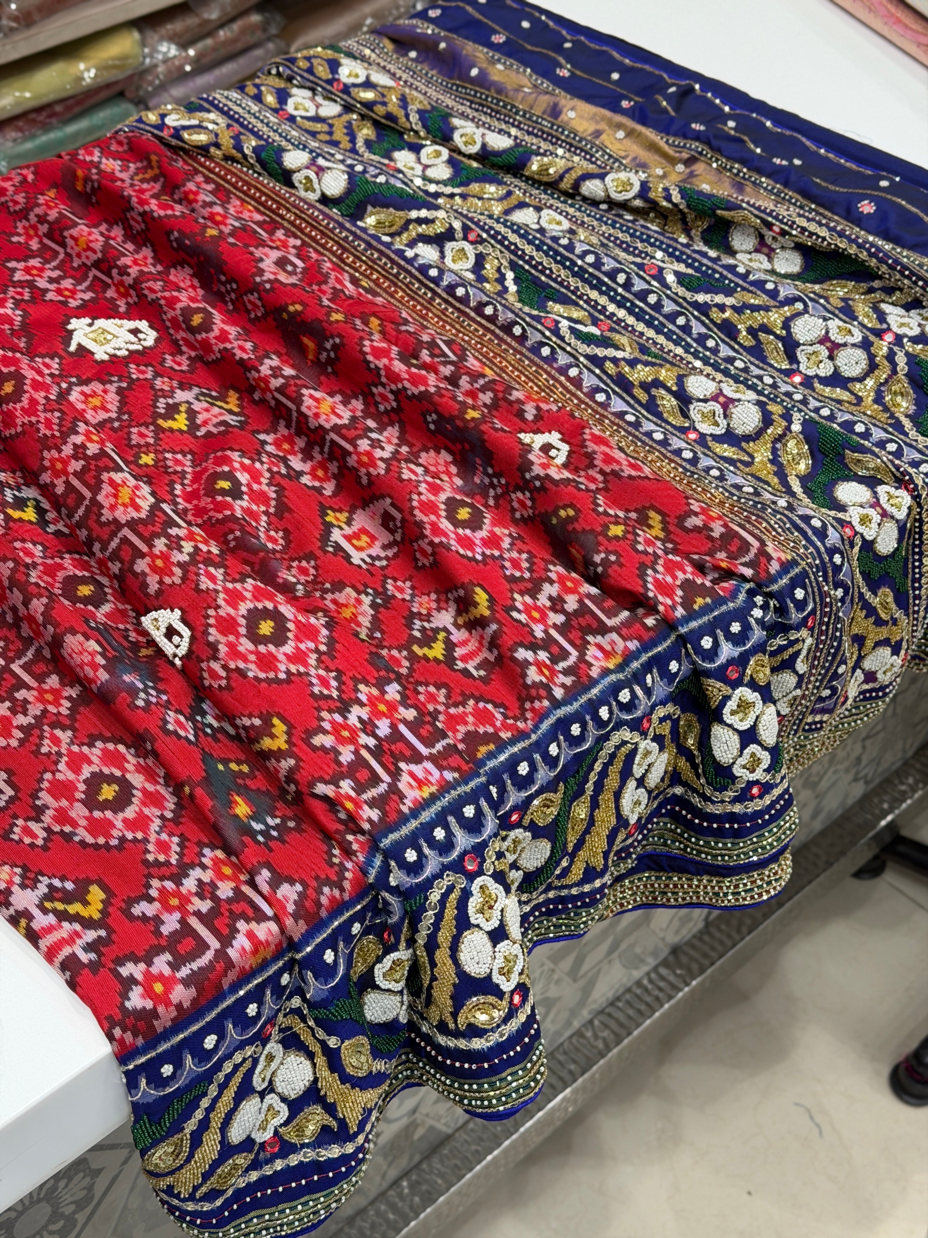 Red Blue Patan Patola Hand Embroidery Kidiya Moti Zardosi Saree