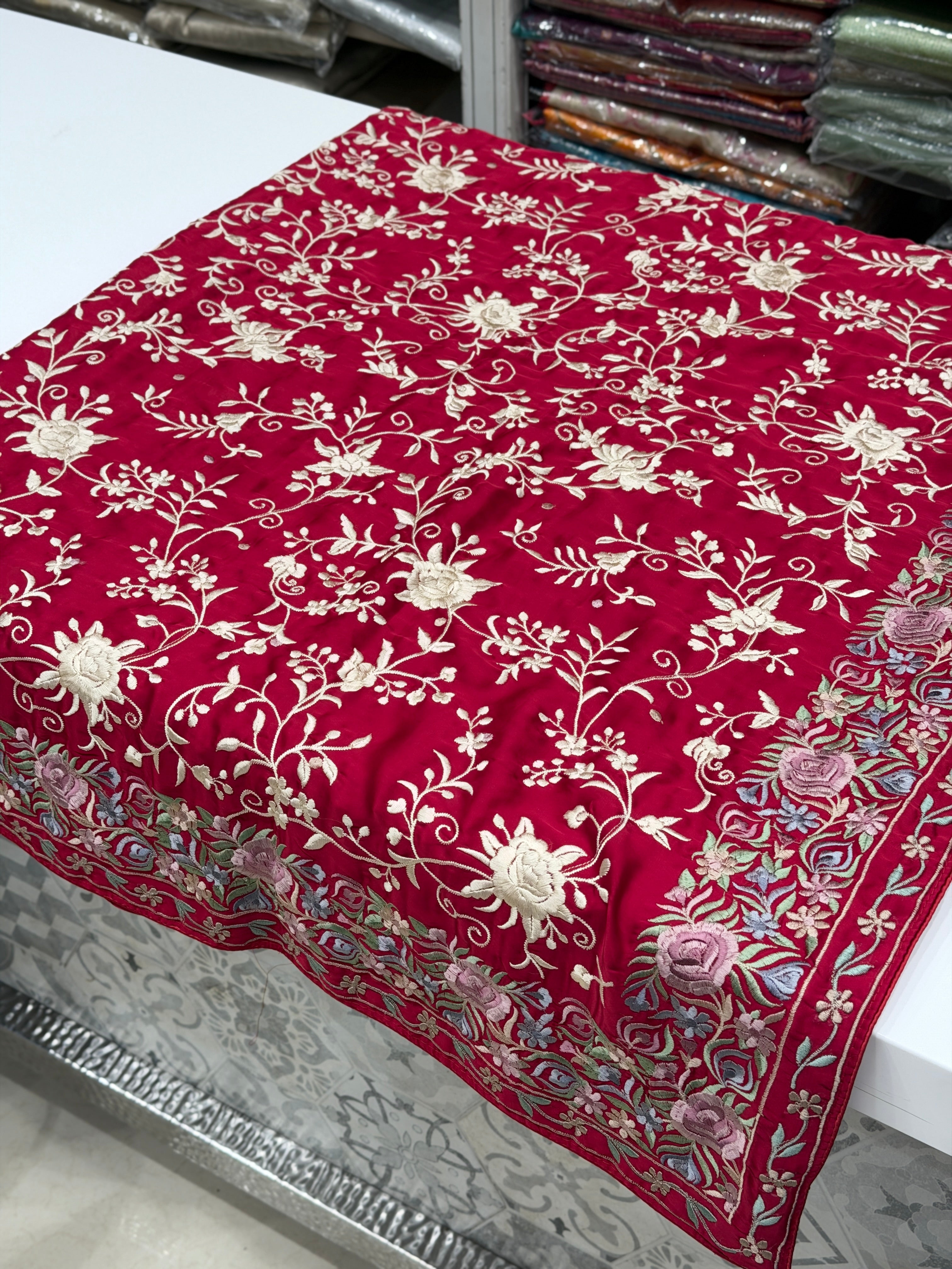 Crimson Crepe Floral Multi Resham Border Parsi Gara Saree