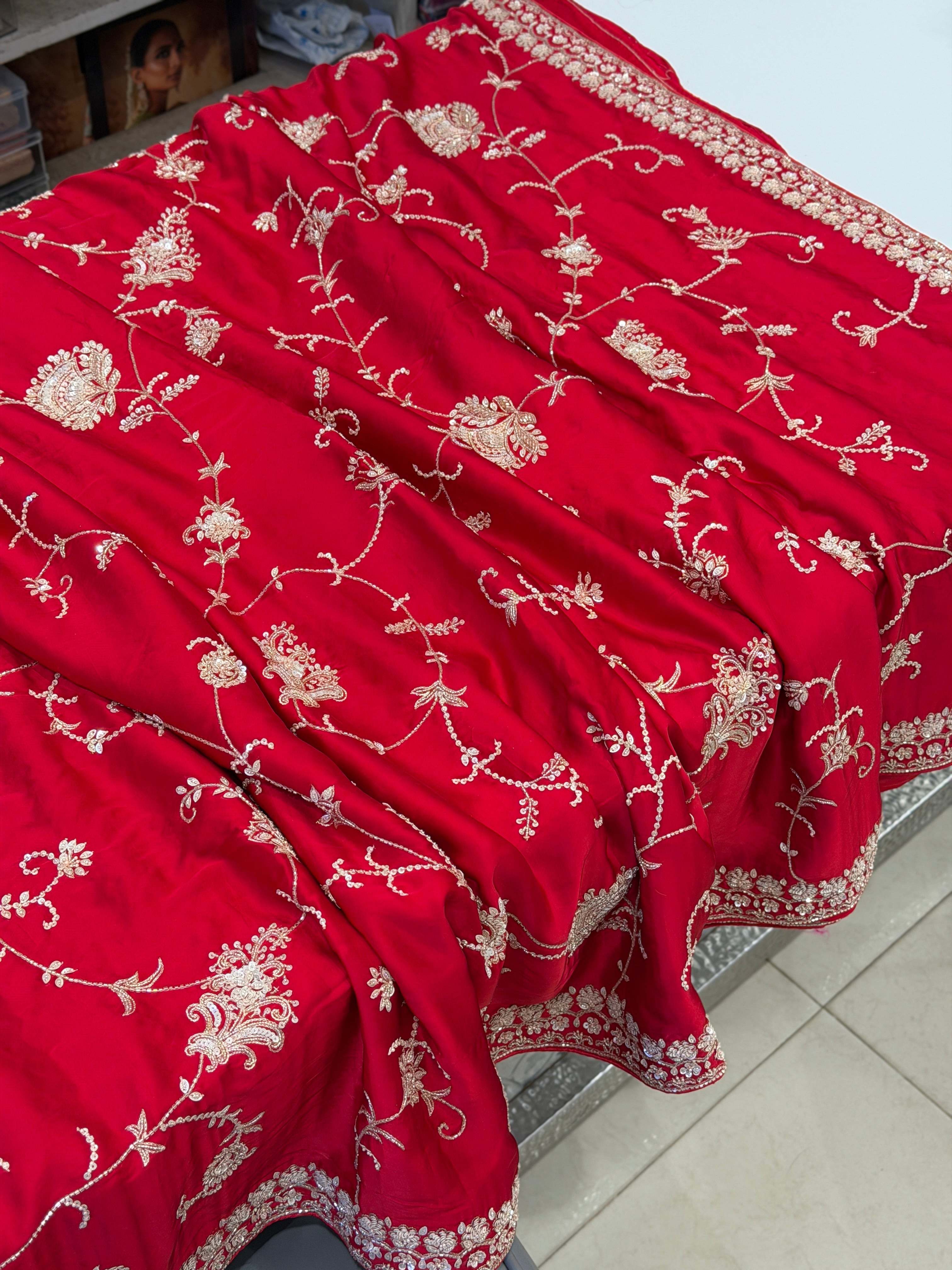 Red Satin Silk Moti Sequin Jaal Hand Embroidery Saree