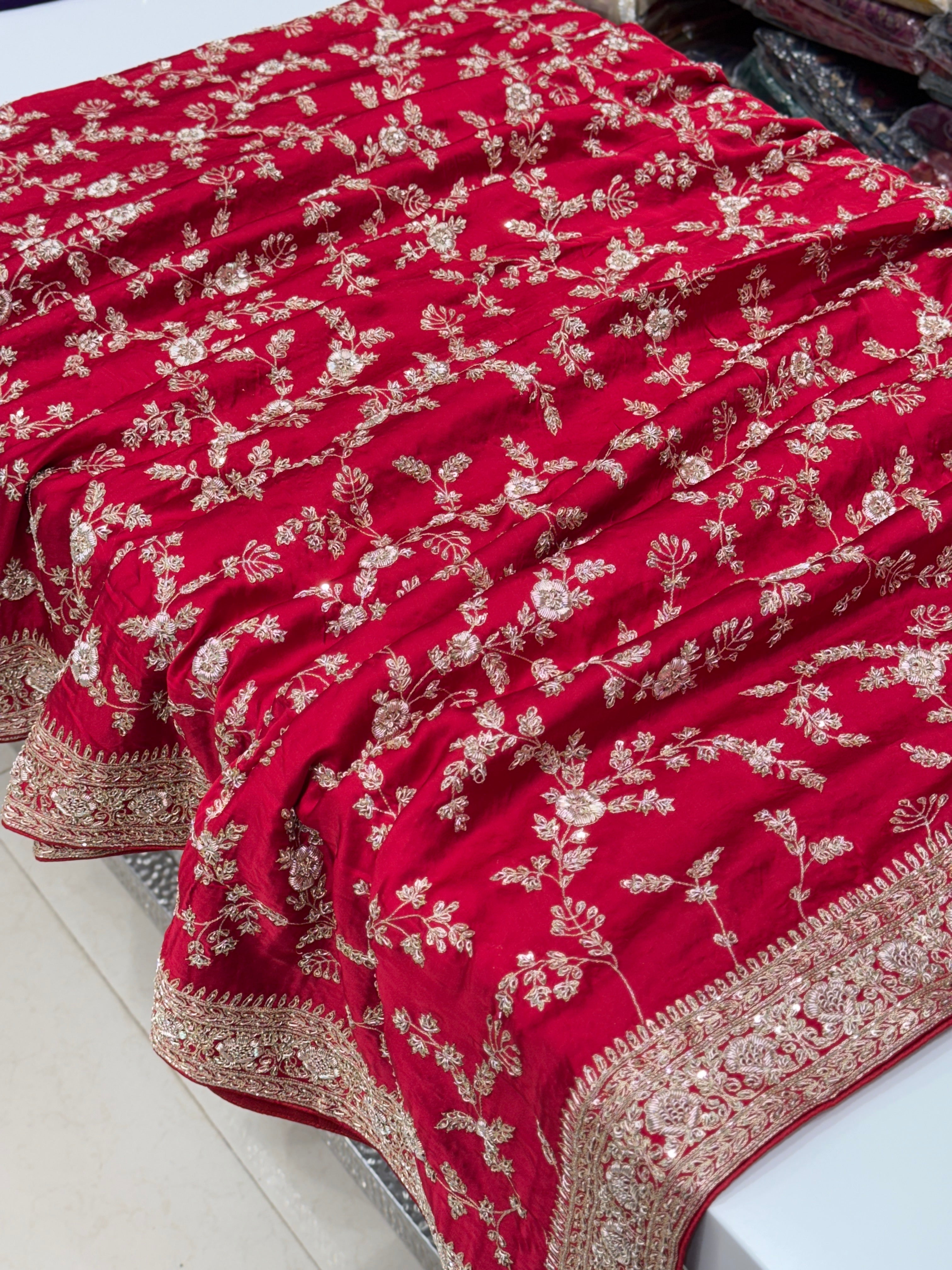 Red Hand Embroidery Mughal Jaal Pure Satin Zardosi Embroidery