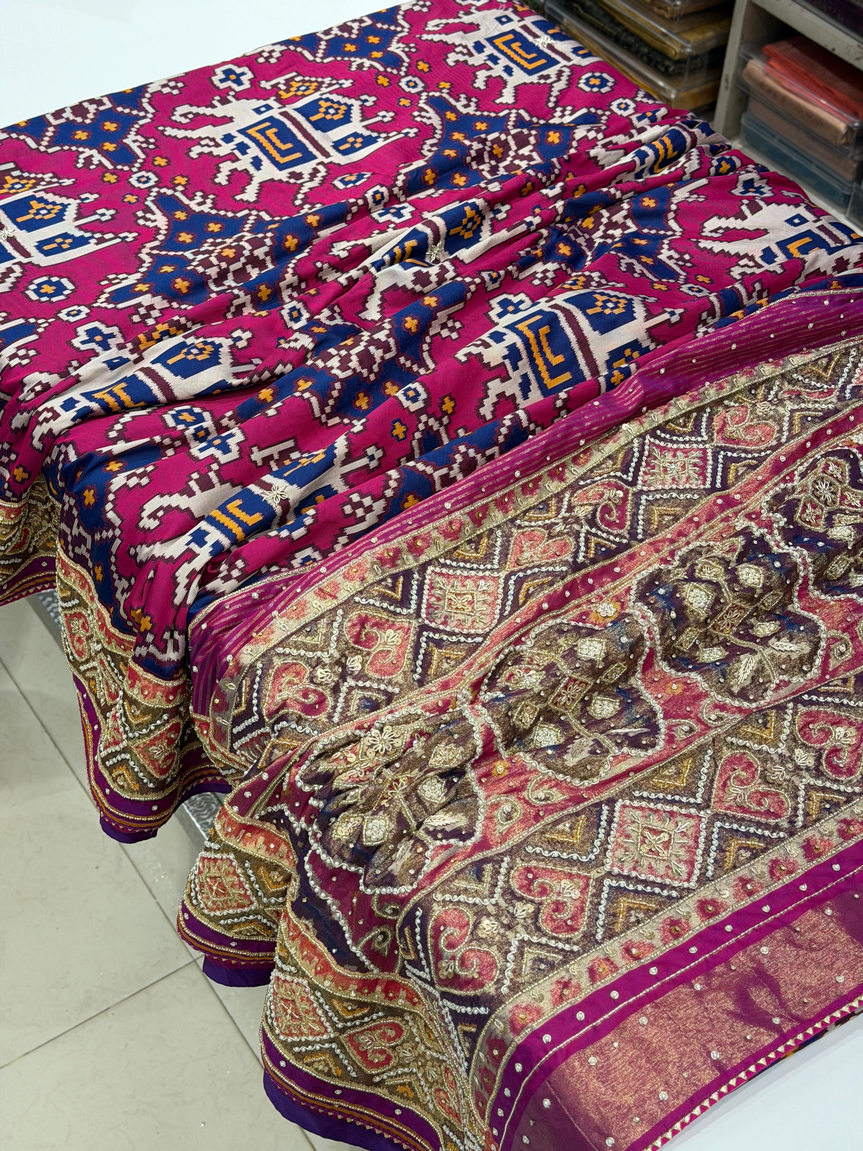 Blue Magenta Chabdi Elephant Patola Zardosi Hand Embroidery Saree