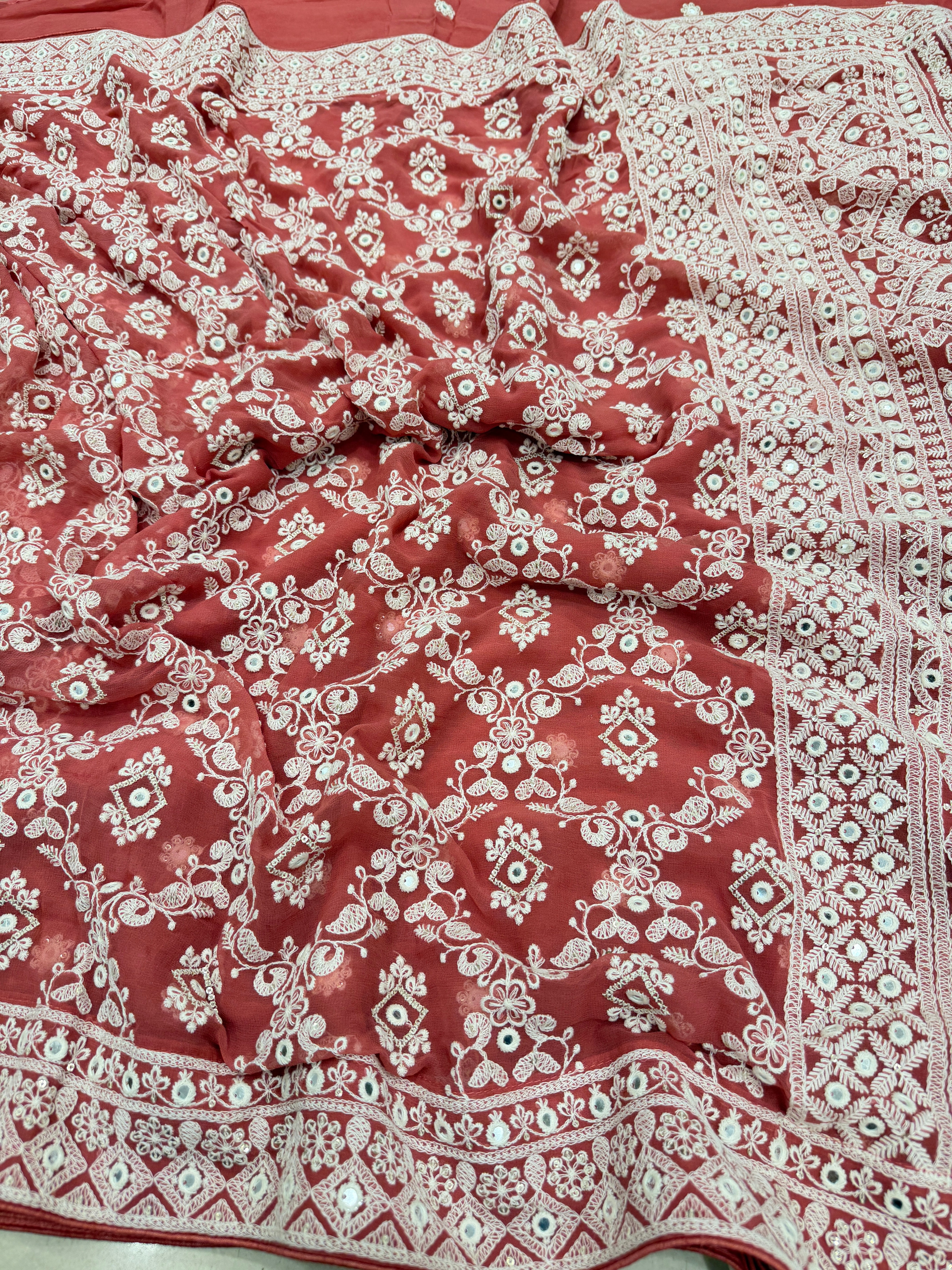 Rust Red Chikankari Jaal Georgette Resham Embroidery Saree