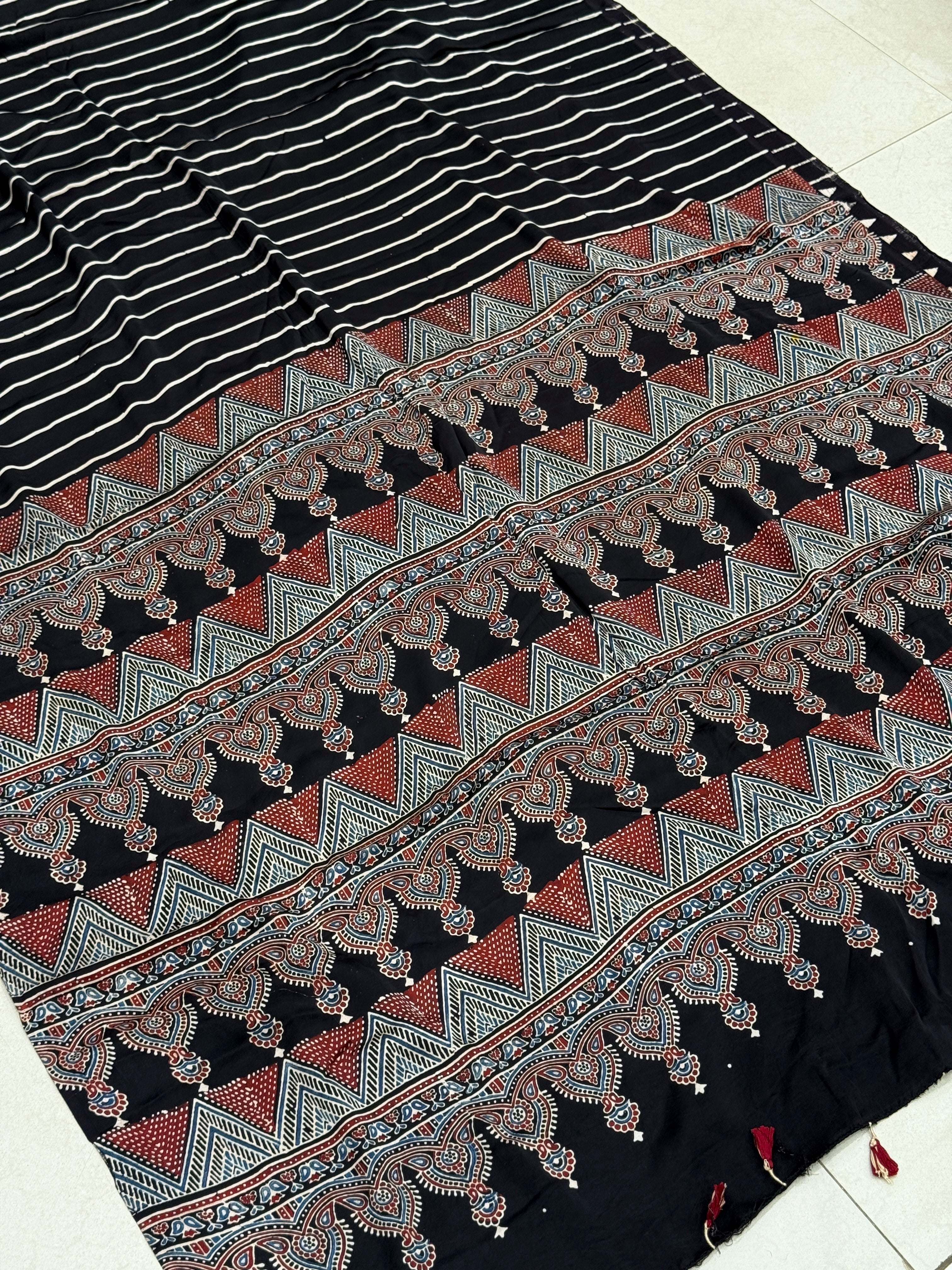 Black Contemporary Ajrakh Block Print Hand Pure Gajji Silk Saree