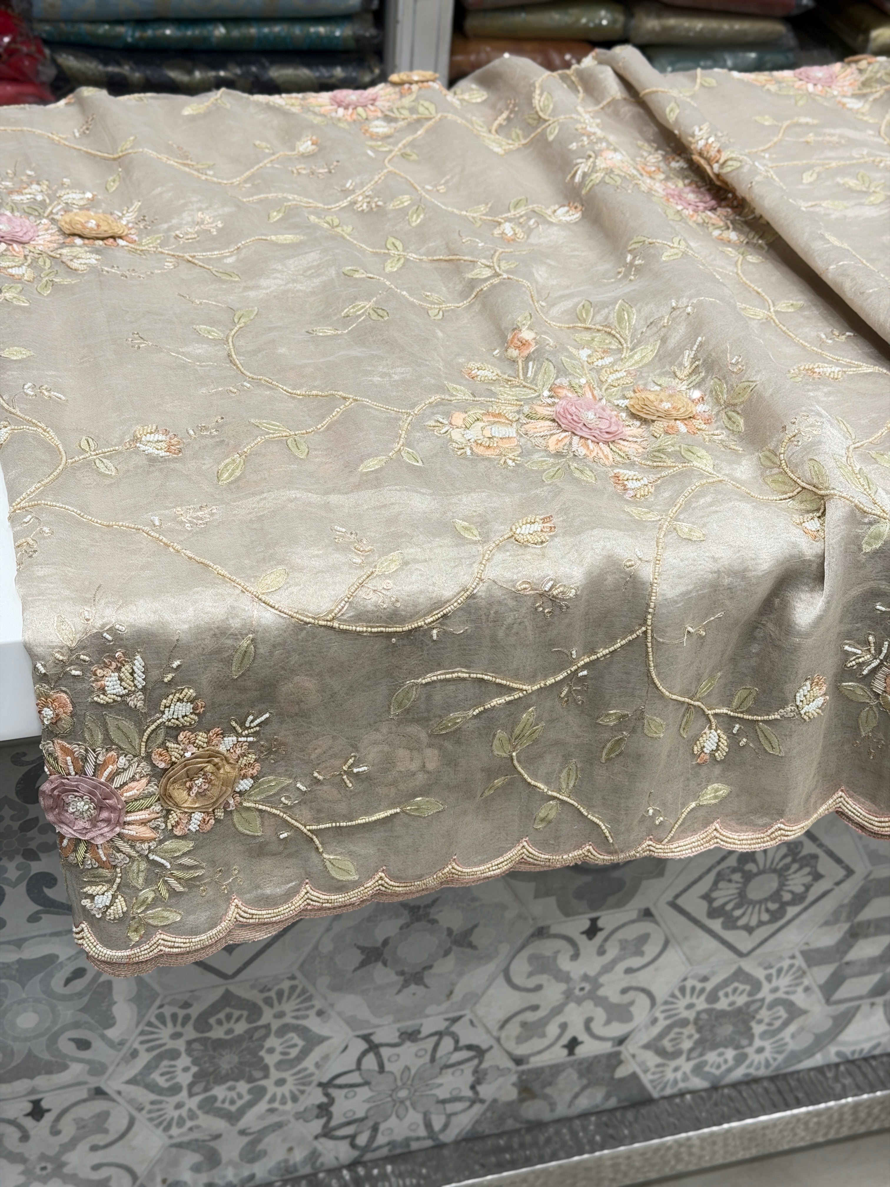 Silver Tissue Three D Zardosi Pita Hand Embroidery Moti Saree
