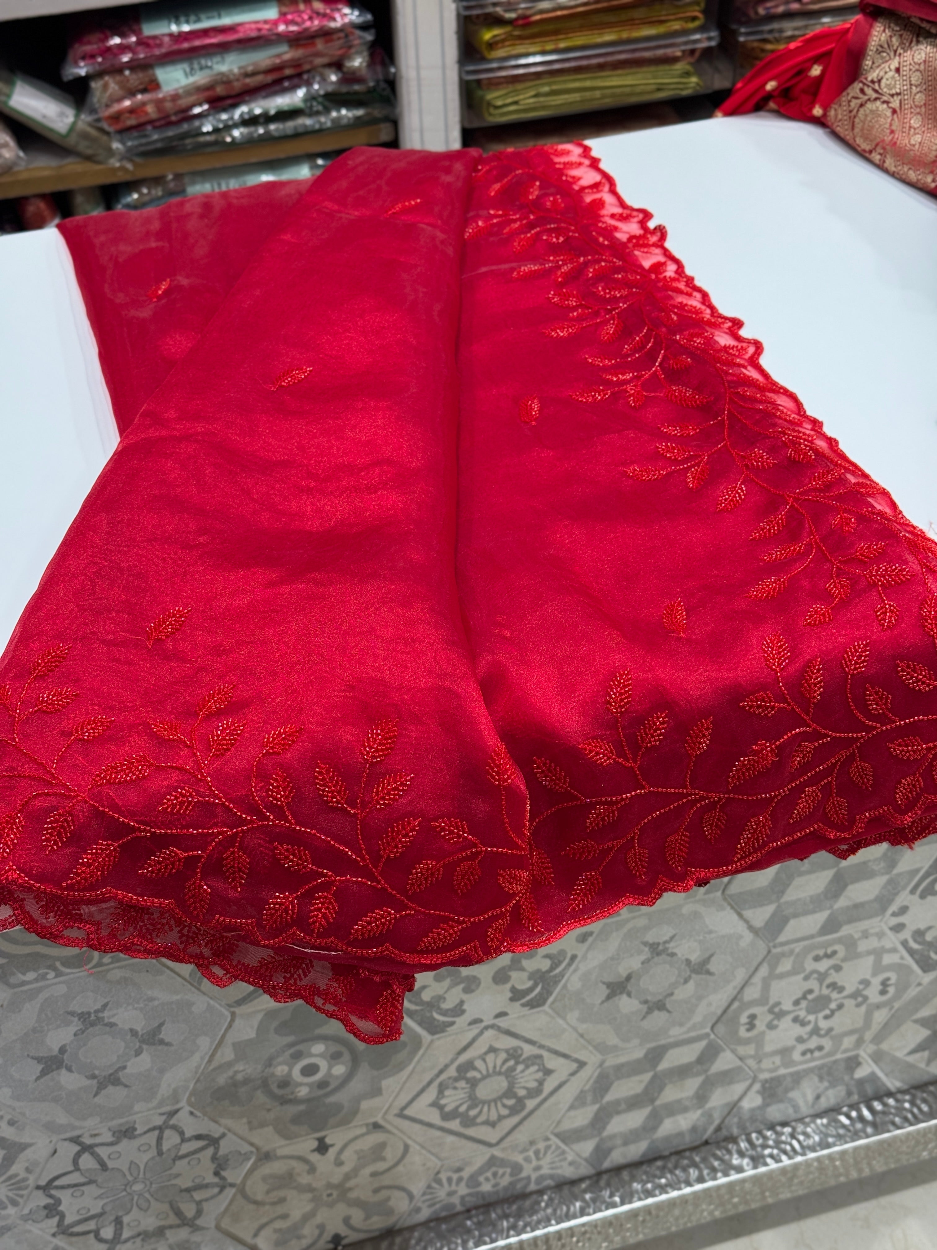 Red On Red Tissue Organza Self Work Saree