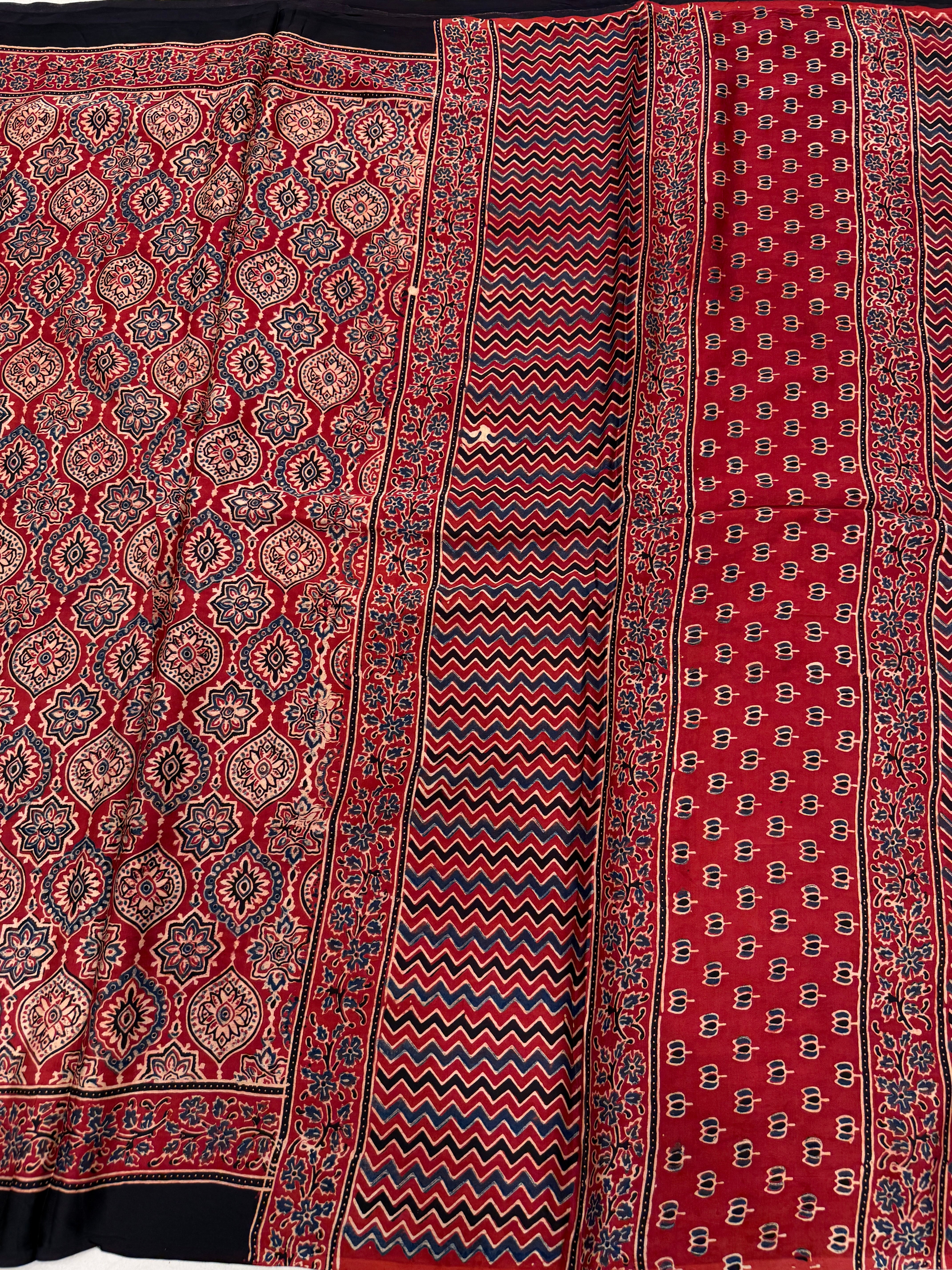 Red Badam Jaal Ajrakh Block Print Hand Pure Gajji Silk Saree