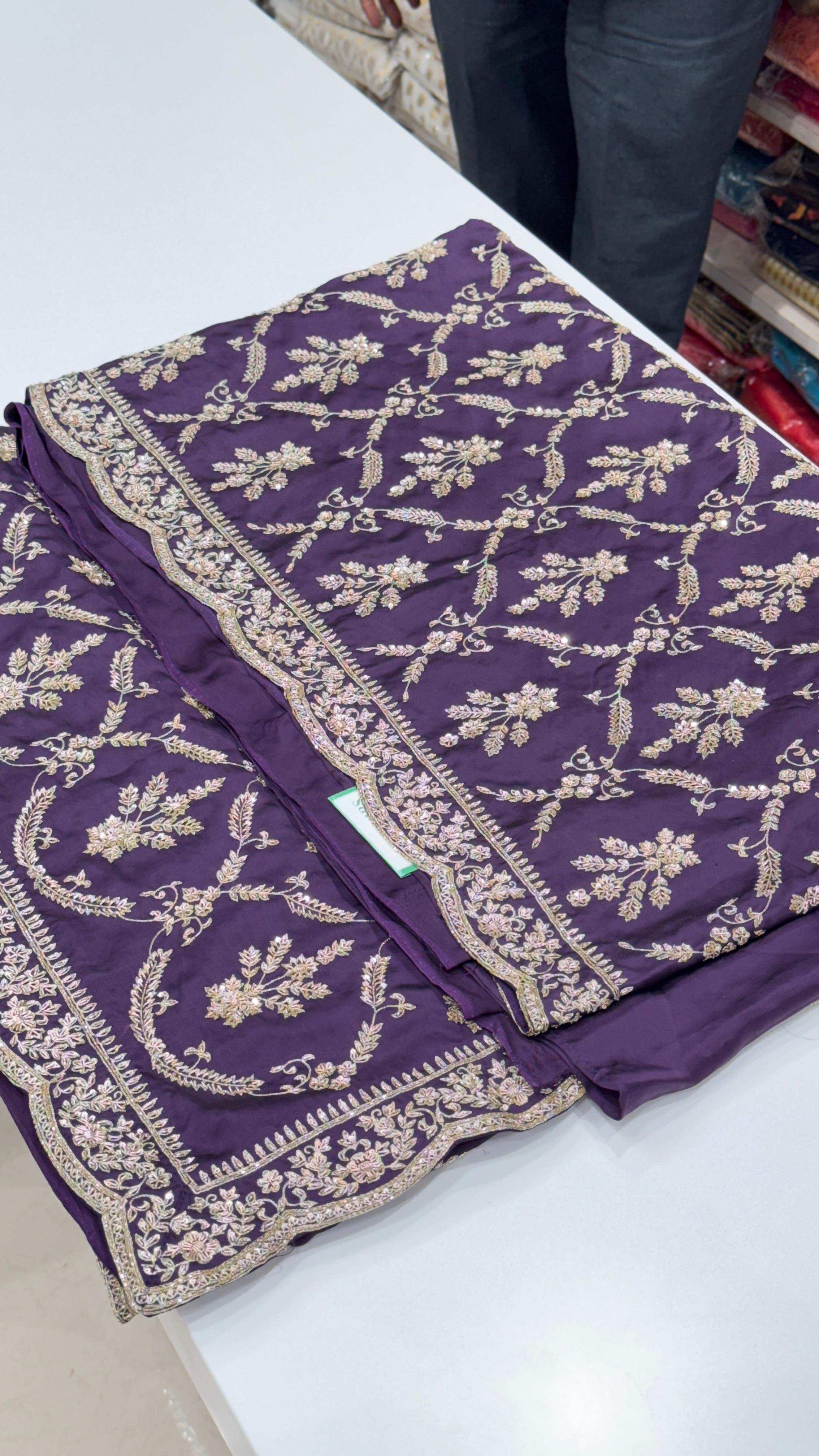 Purple Pure Satin Hand Embroidered Zardozi Saree