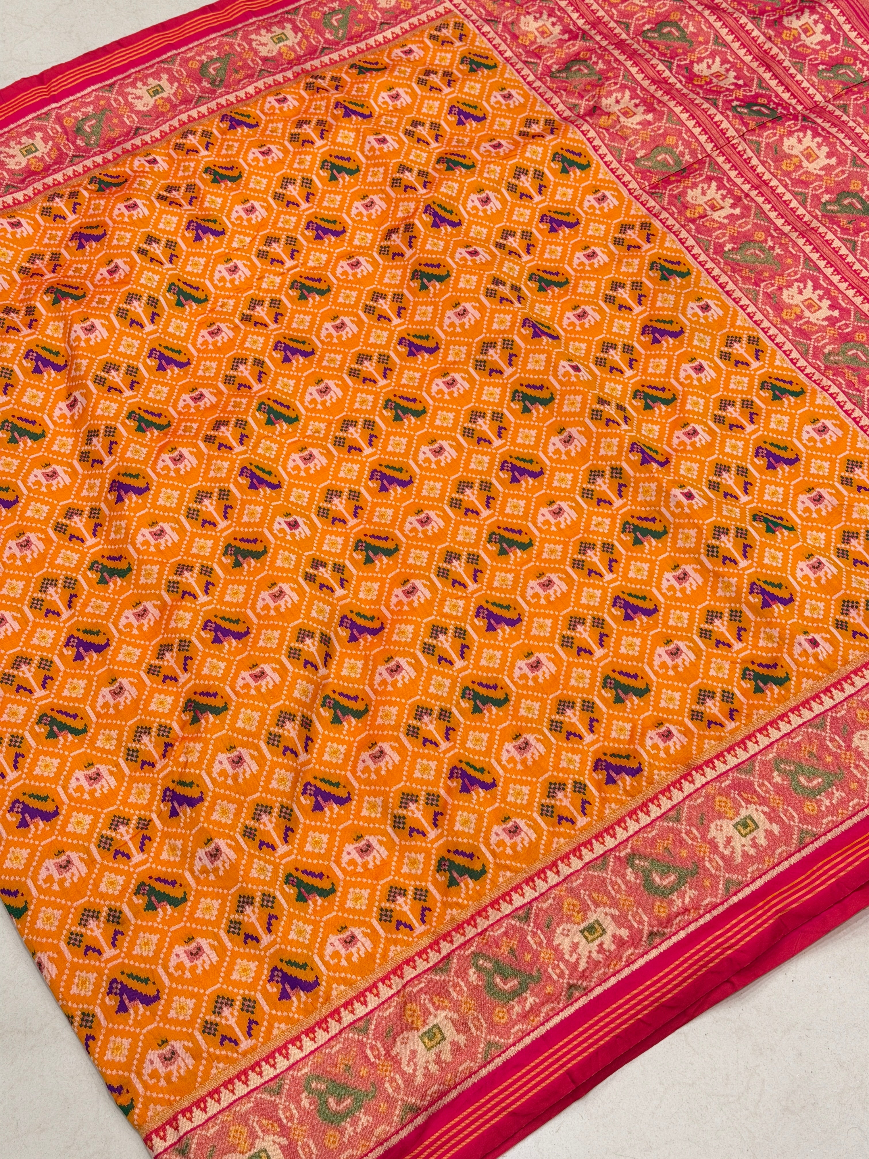 Orange Red Elephant Jaal Semi Silk Weaved Patan Patola Saree