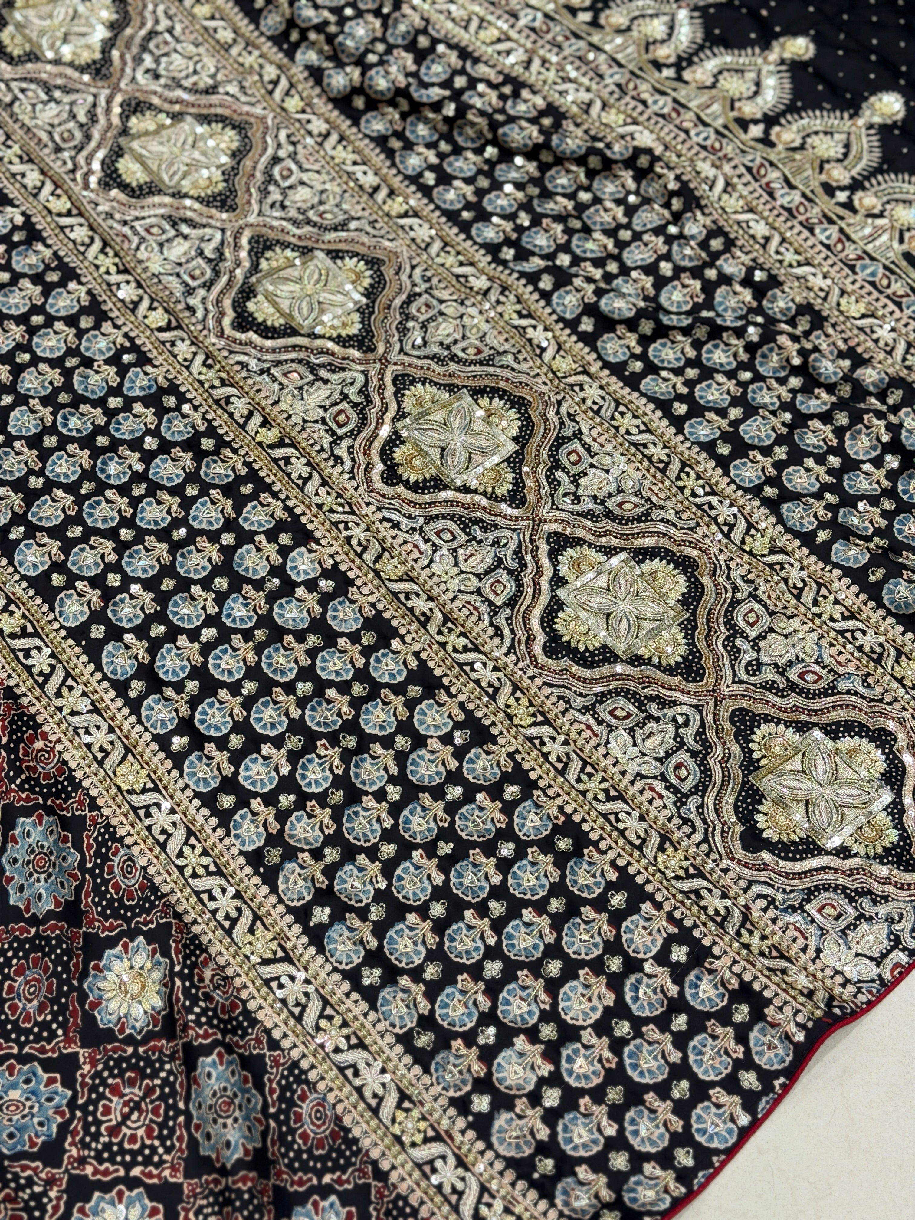 Black Floral Butta Pita Sequin Ajrakh Hand Embroidery Saree