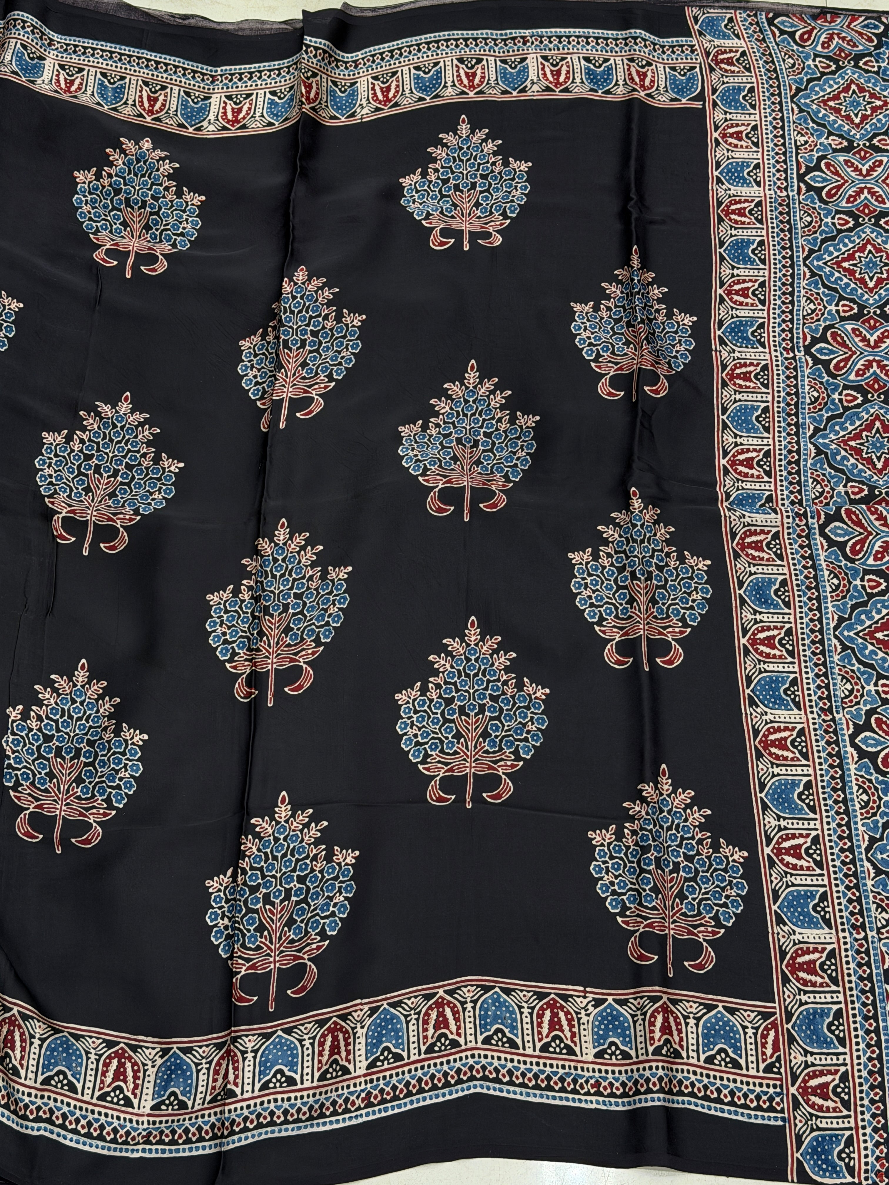 Cherry Blossom Butta Ajrakh Hand Block Print Pure Modal Silk Saree