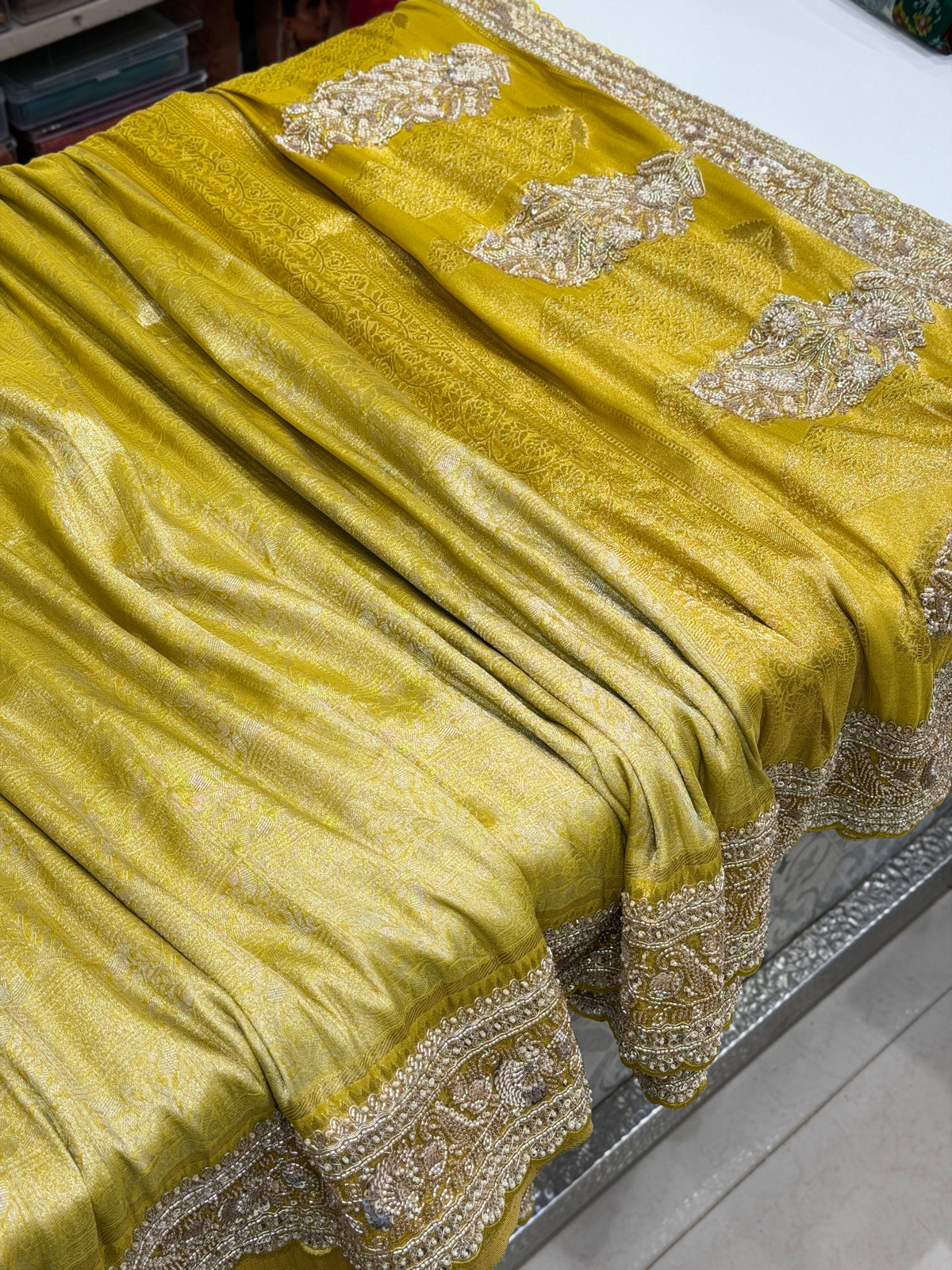 Neon Crepe Tissue Woven Silk Moti Sequin Saree