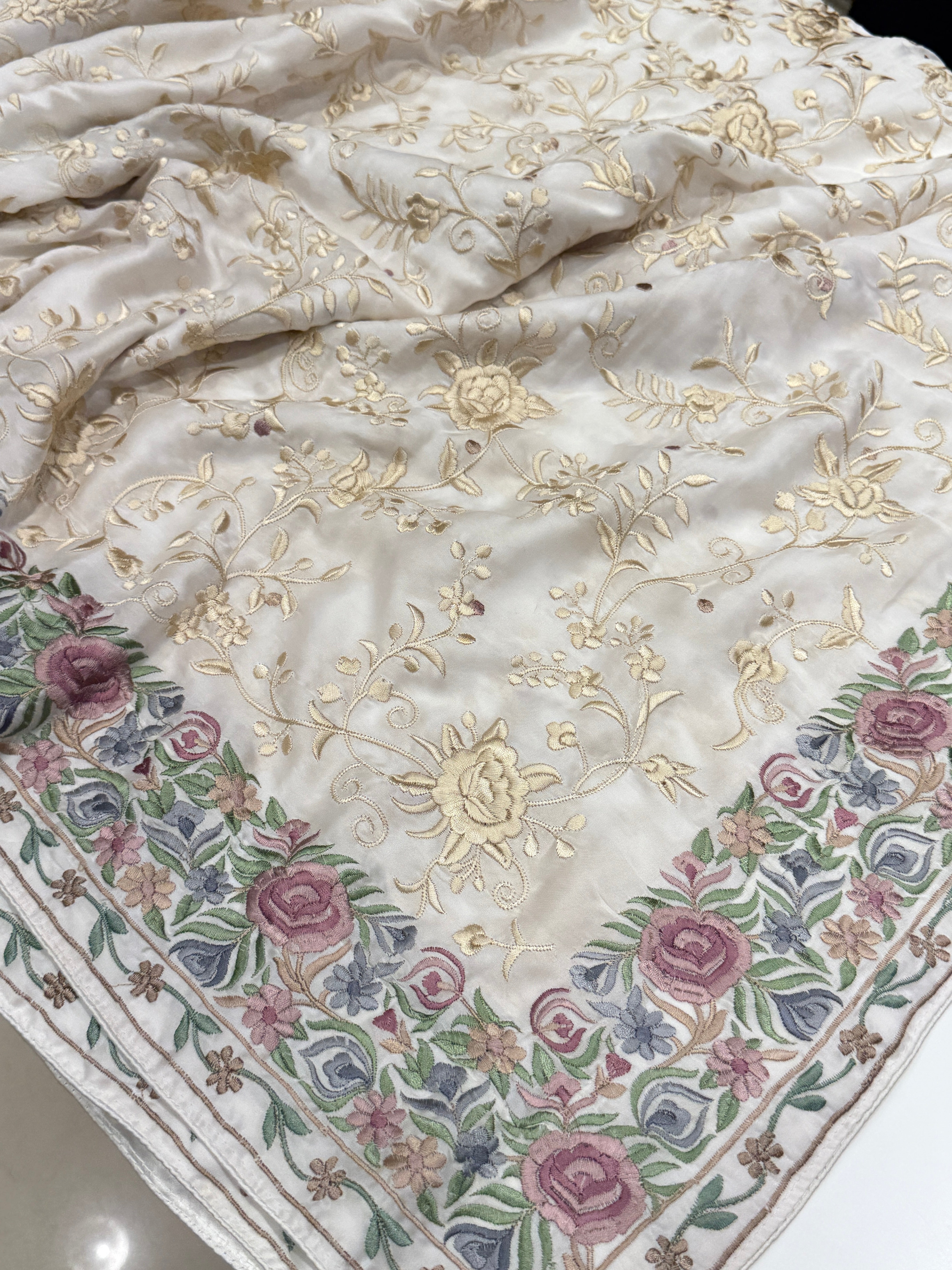 White Georgette Multi Colour Jaal Parsi Gara Saree