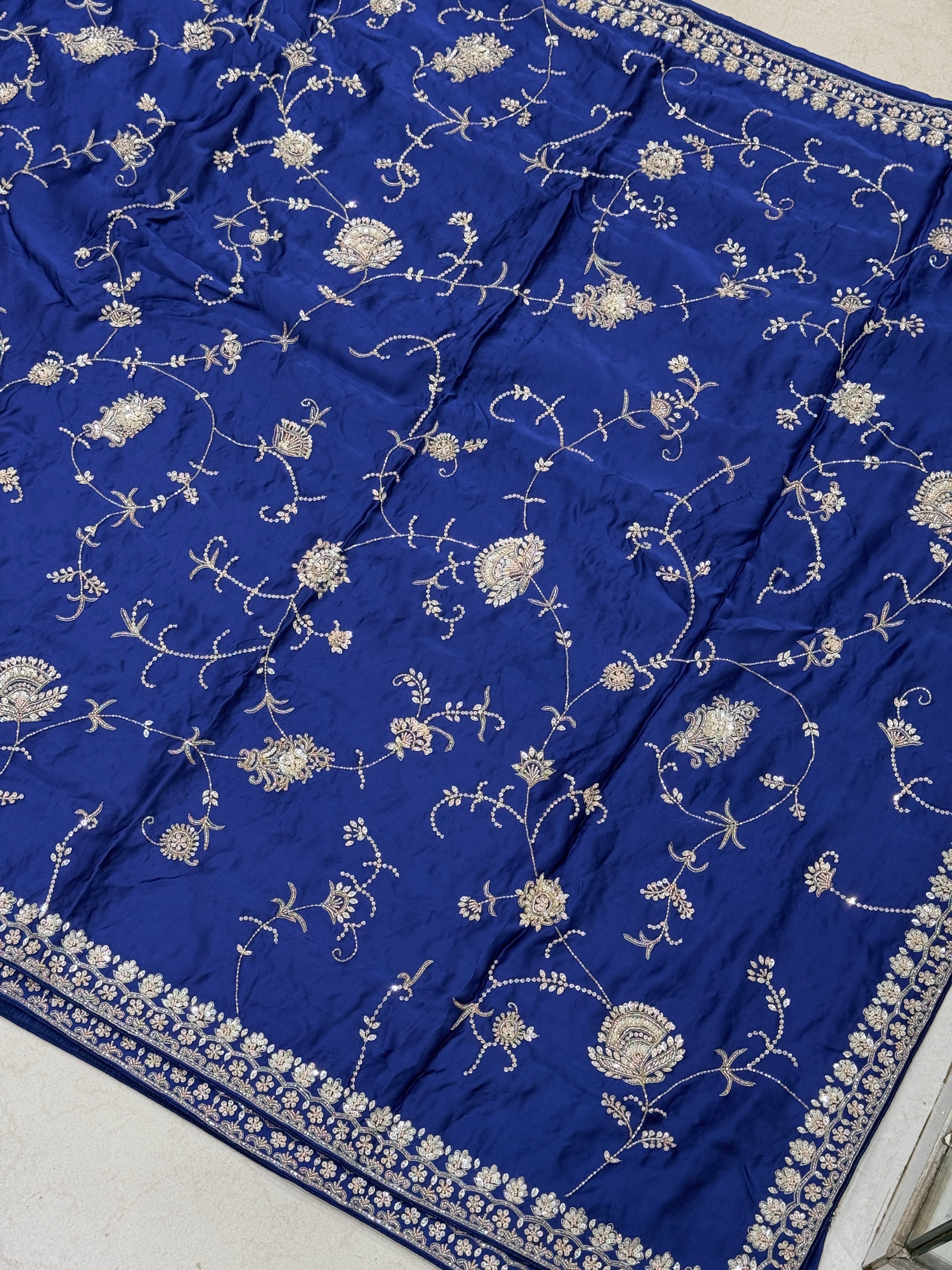 Blue Satin Silk Moti Sequin Jaal Hand Embroidery Saree