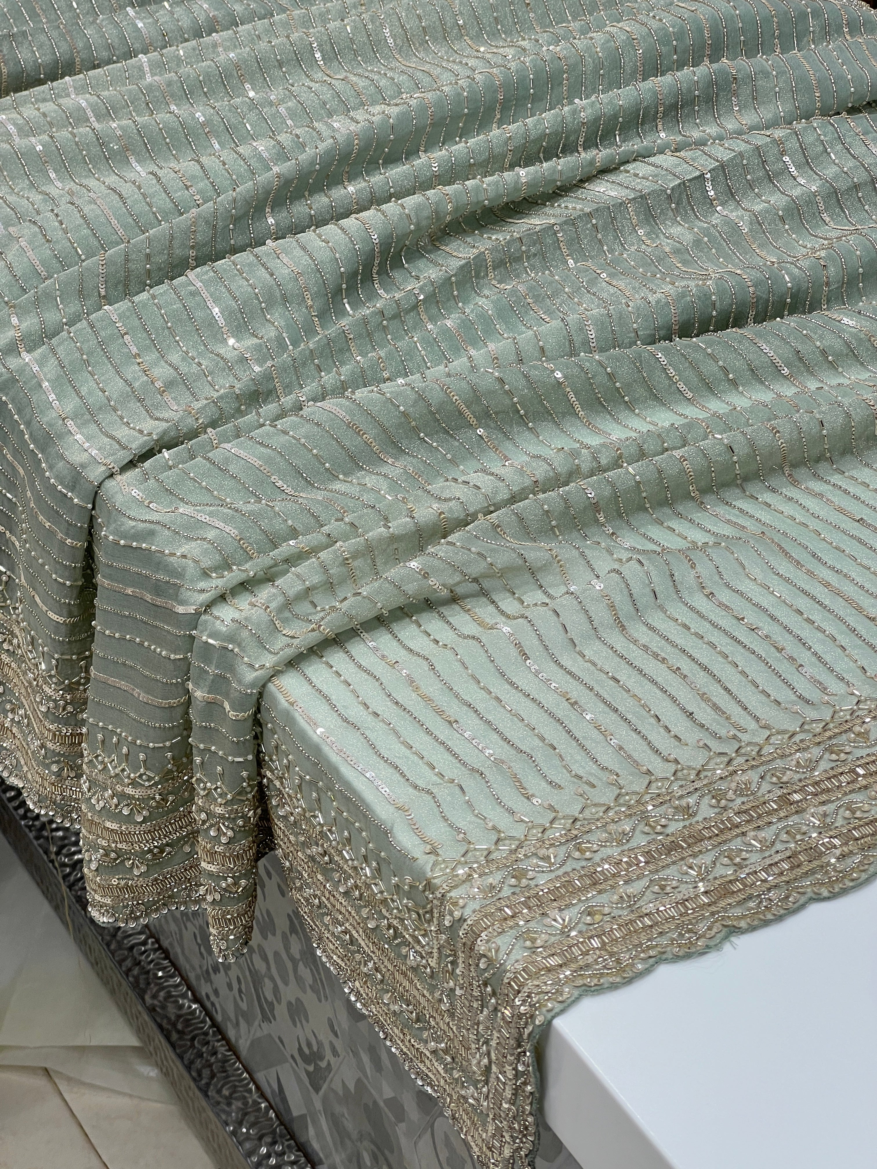 Green Crepe Tissue Moti Hand Embroidery Saree