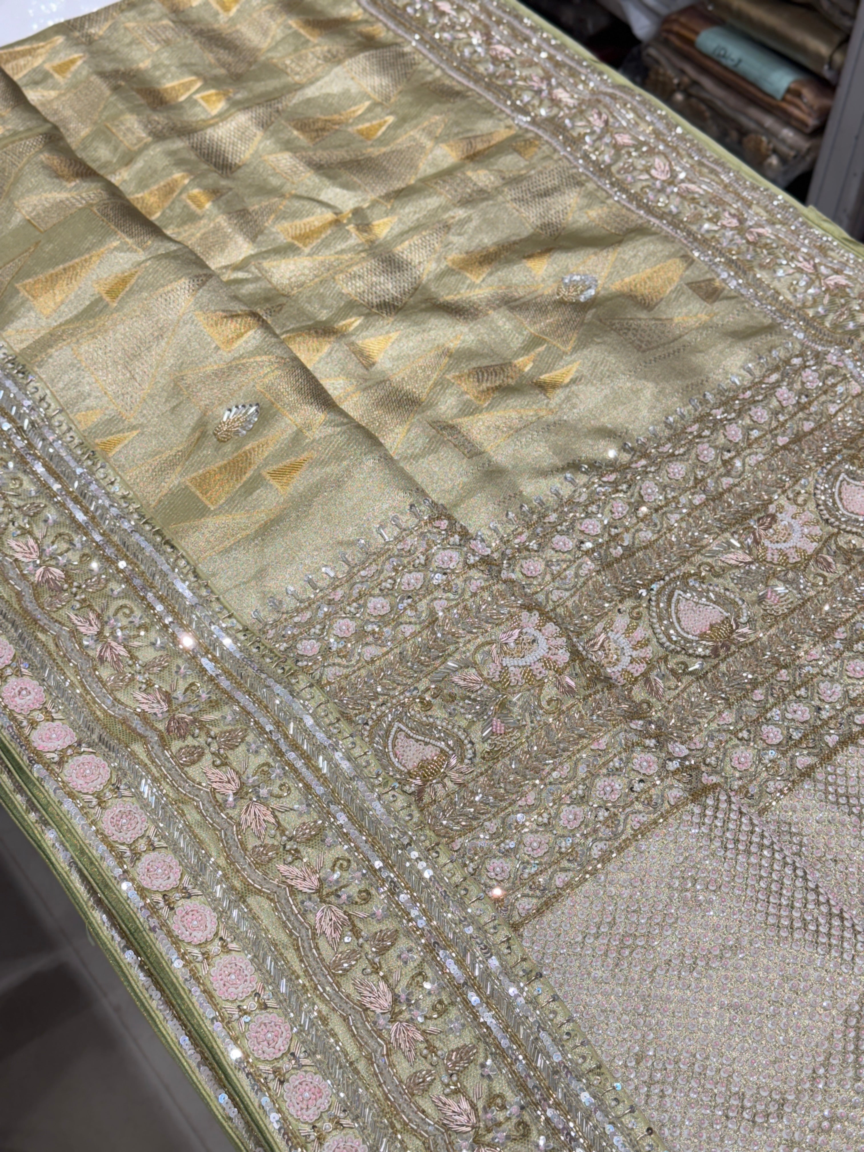 Green Contemporary Tissue Jaal Kanjivaram Hand Embroidery Saree