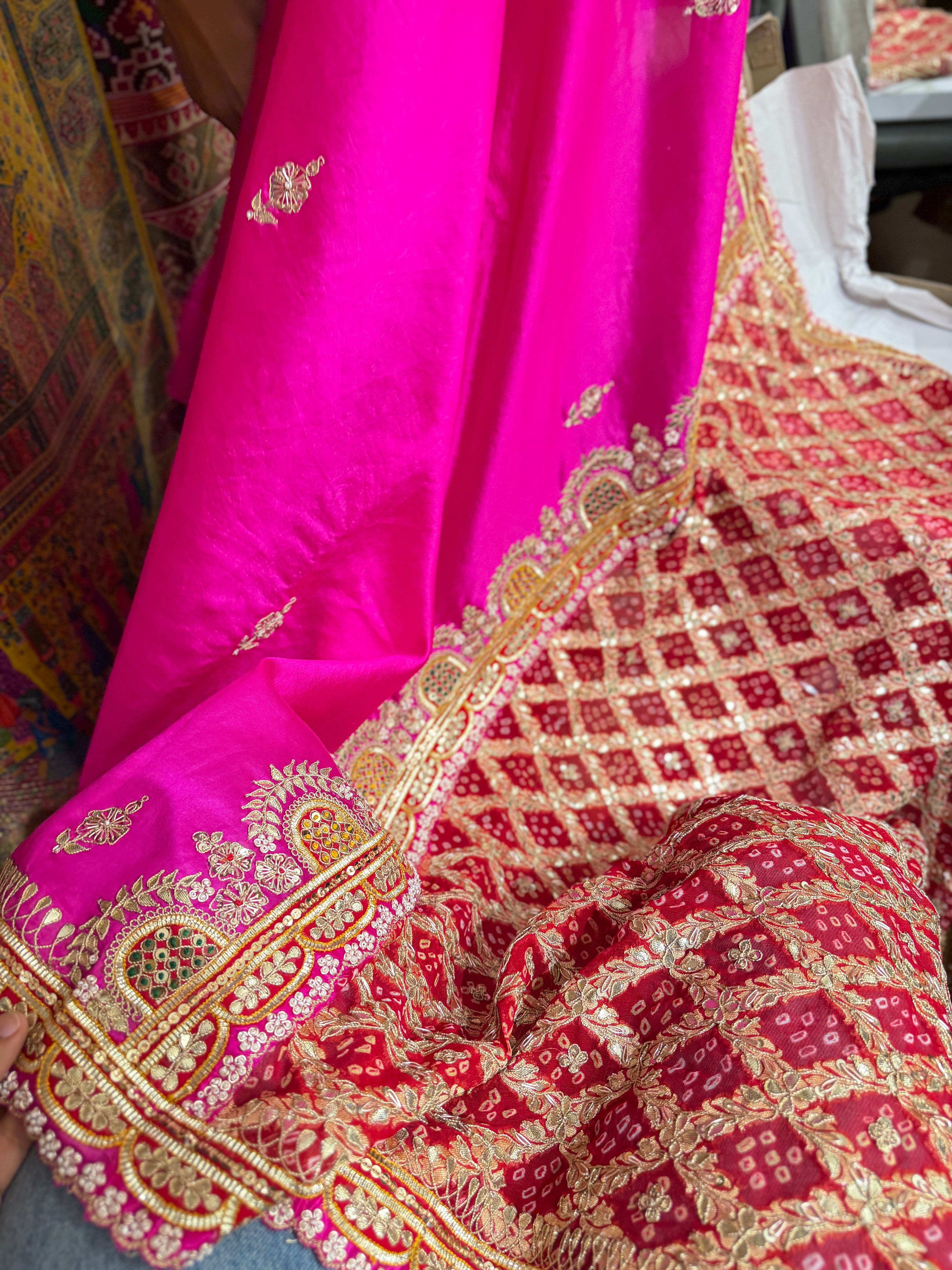 Rani Pink Pure Silk Bandhej Marodi Hand Embroidery Saree