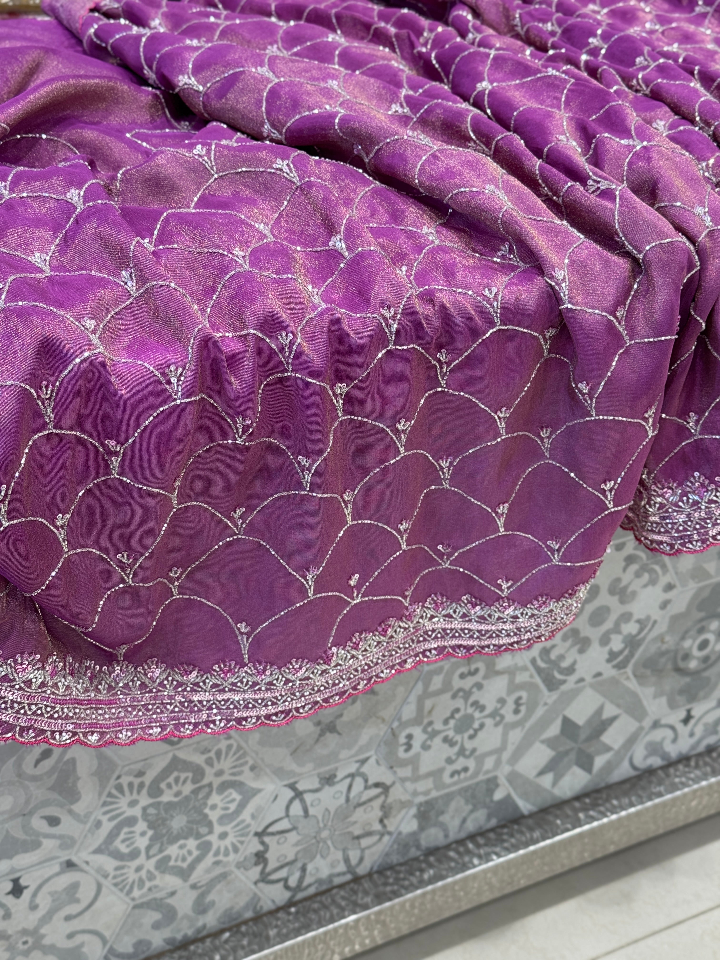 Cross Violet Rani Crepe Tissue Embroidery Saree
