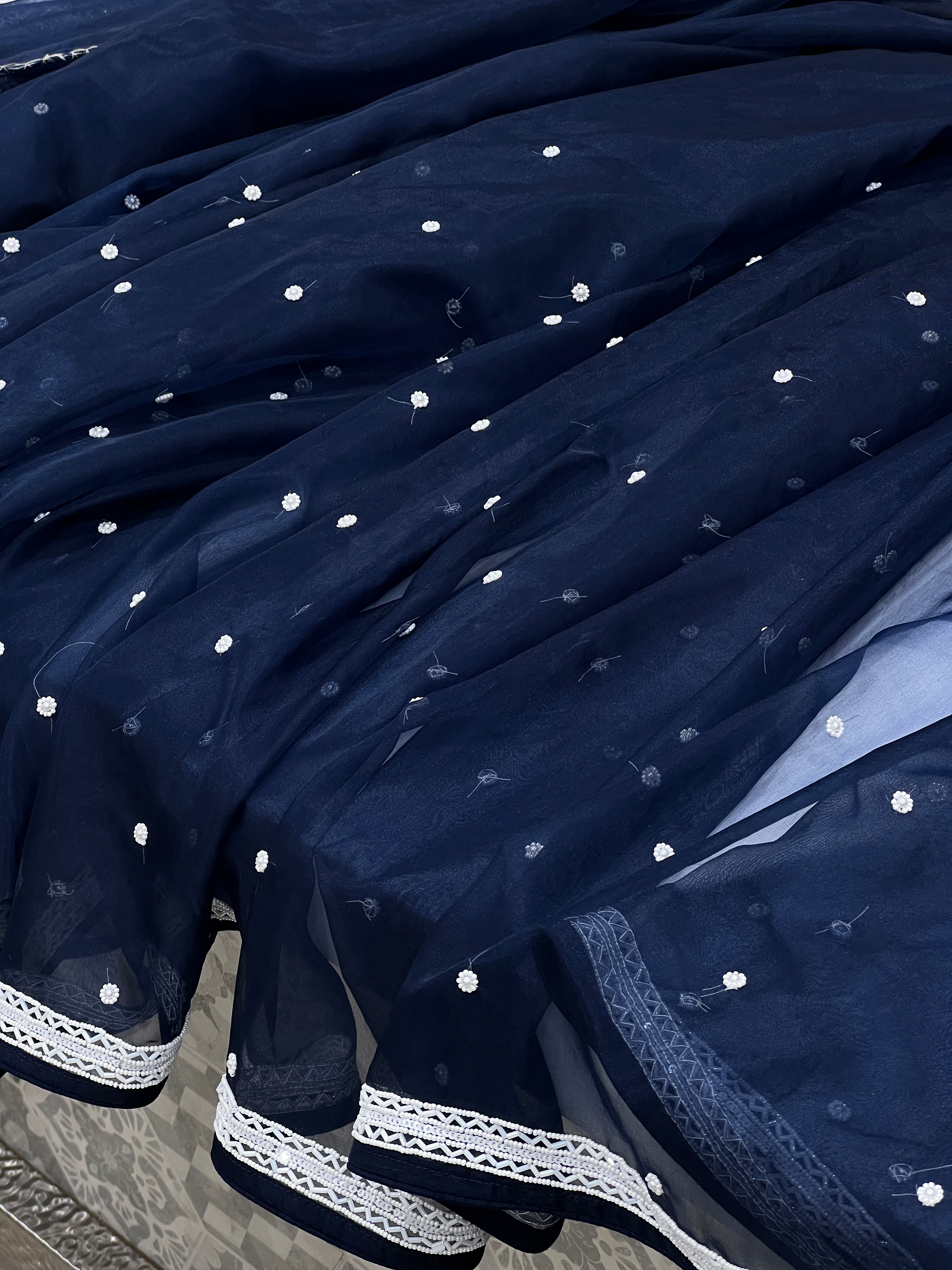Navy Blue Organza Moti Embroidery