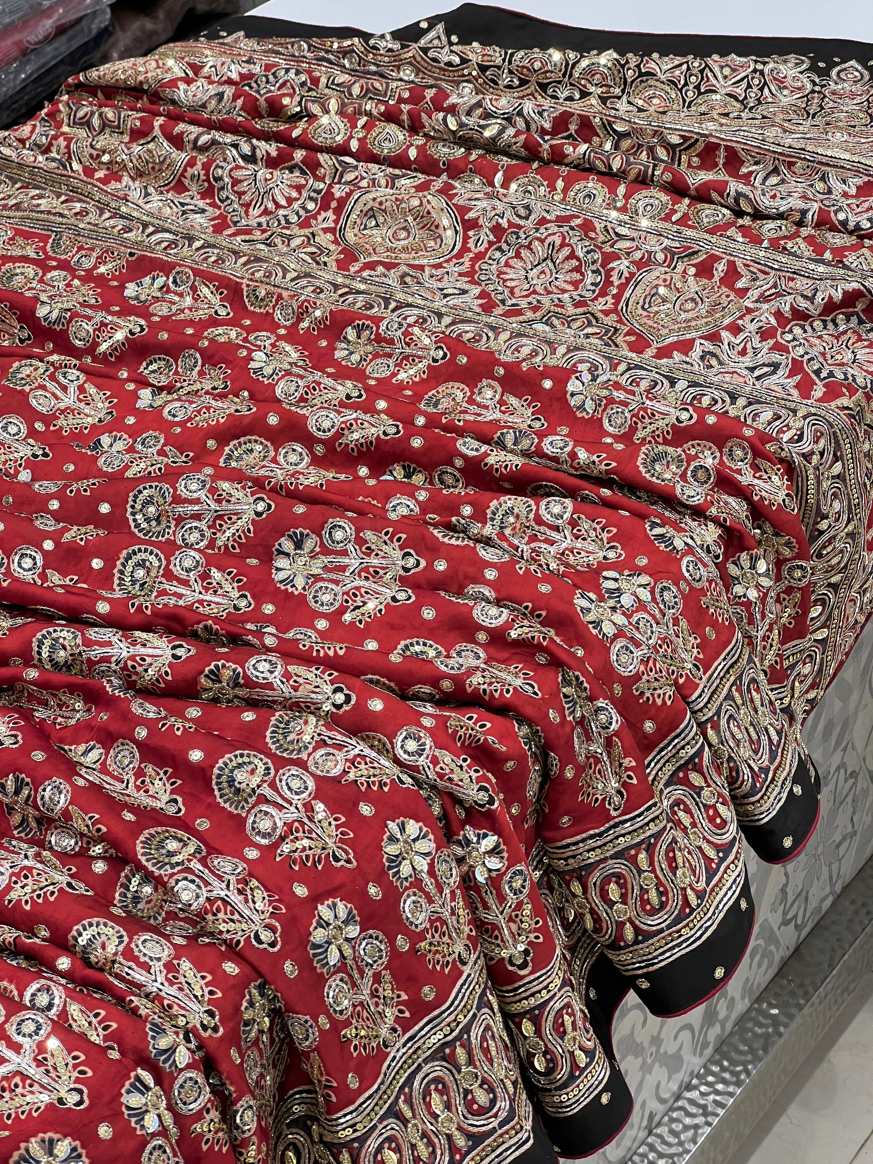 Red Buttis Pita Zardosi Sequin Ajrakh Hand Embroidery Saree
