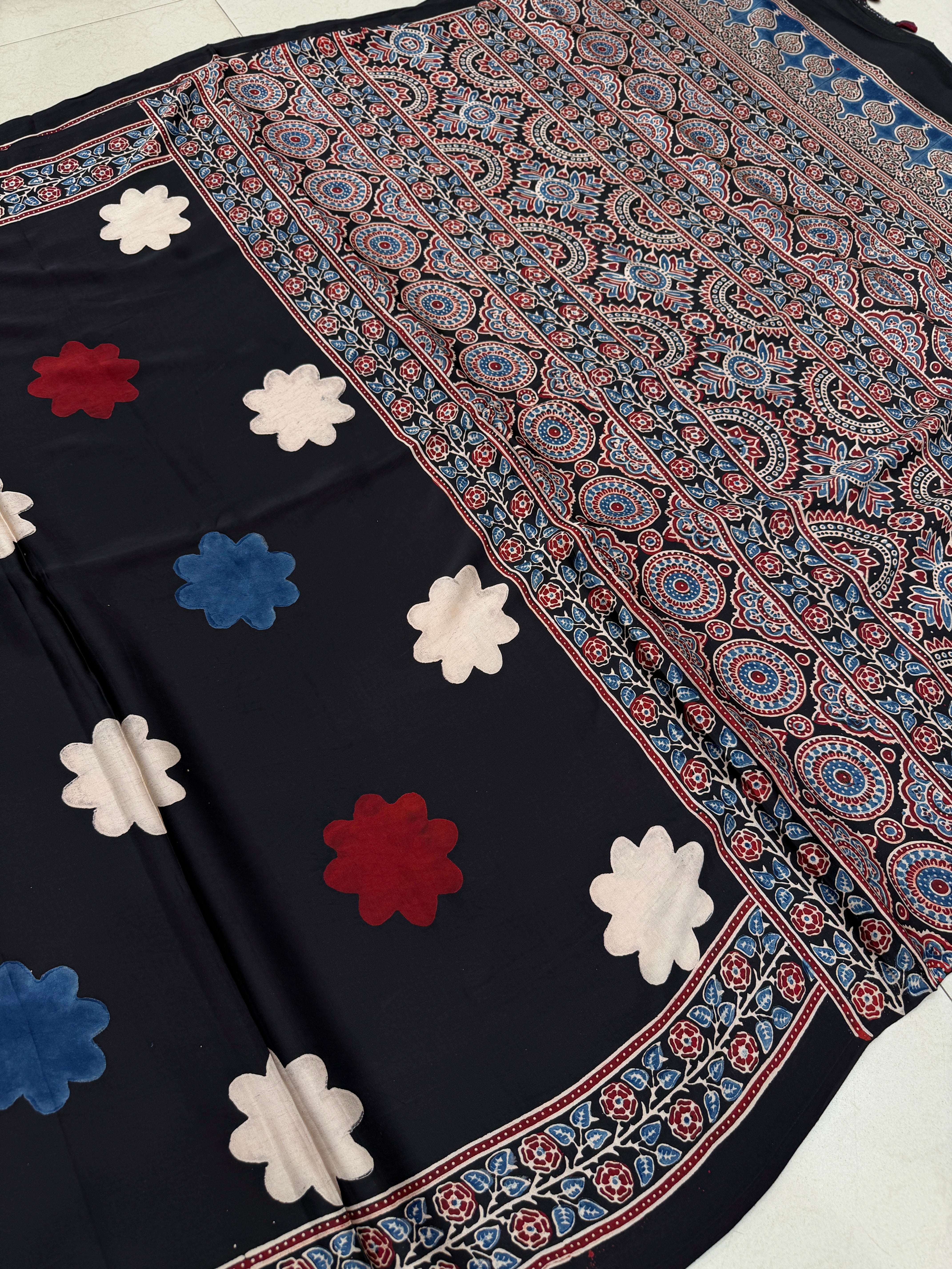 Black Sunflower Butta Ajrakh Block Print Hand Pure Gajji Silk Saree