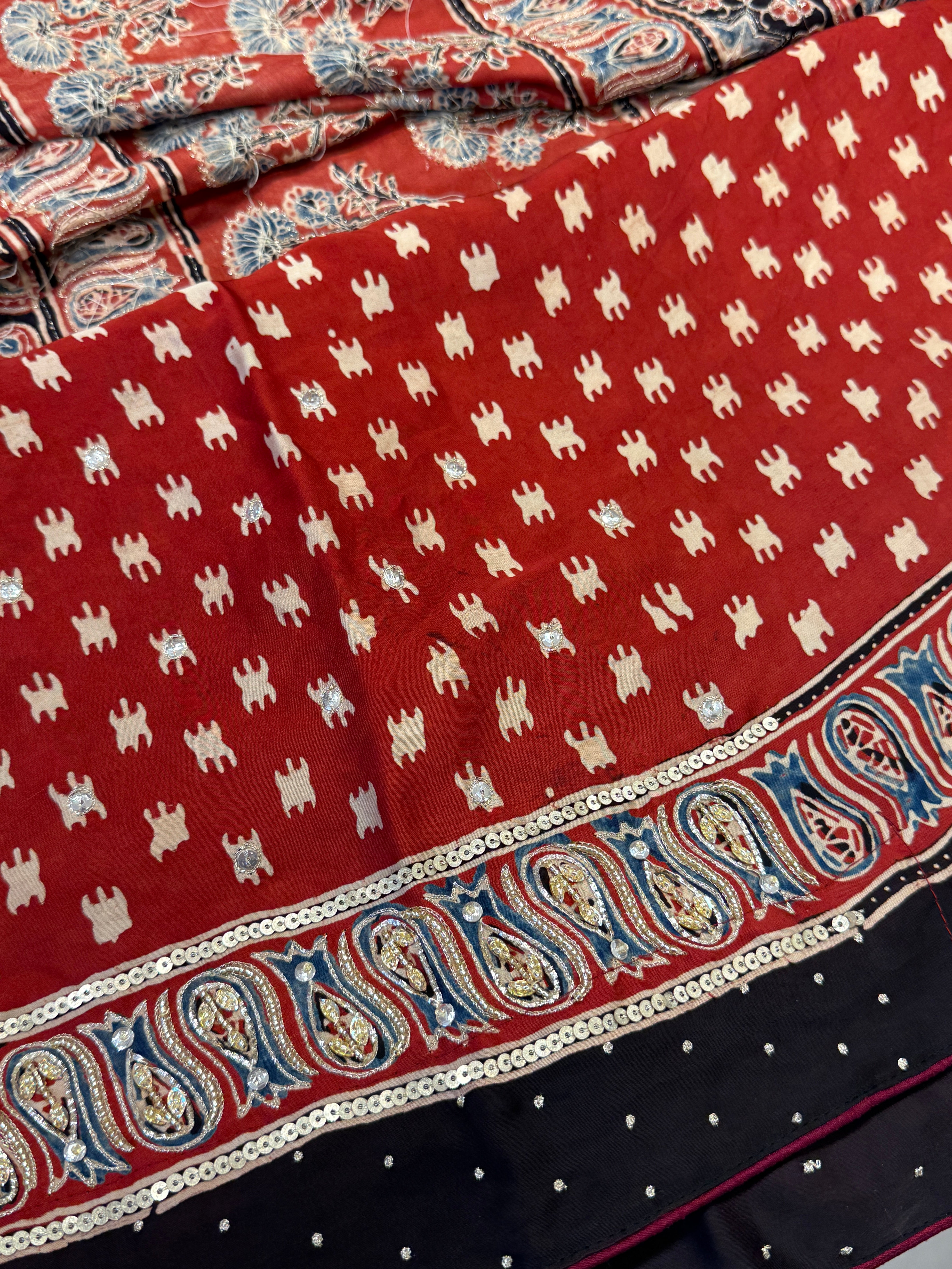 Crimson Hand Embroidery Ajrakh Modal Satin Saree
