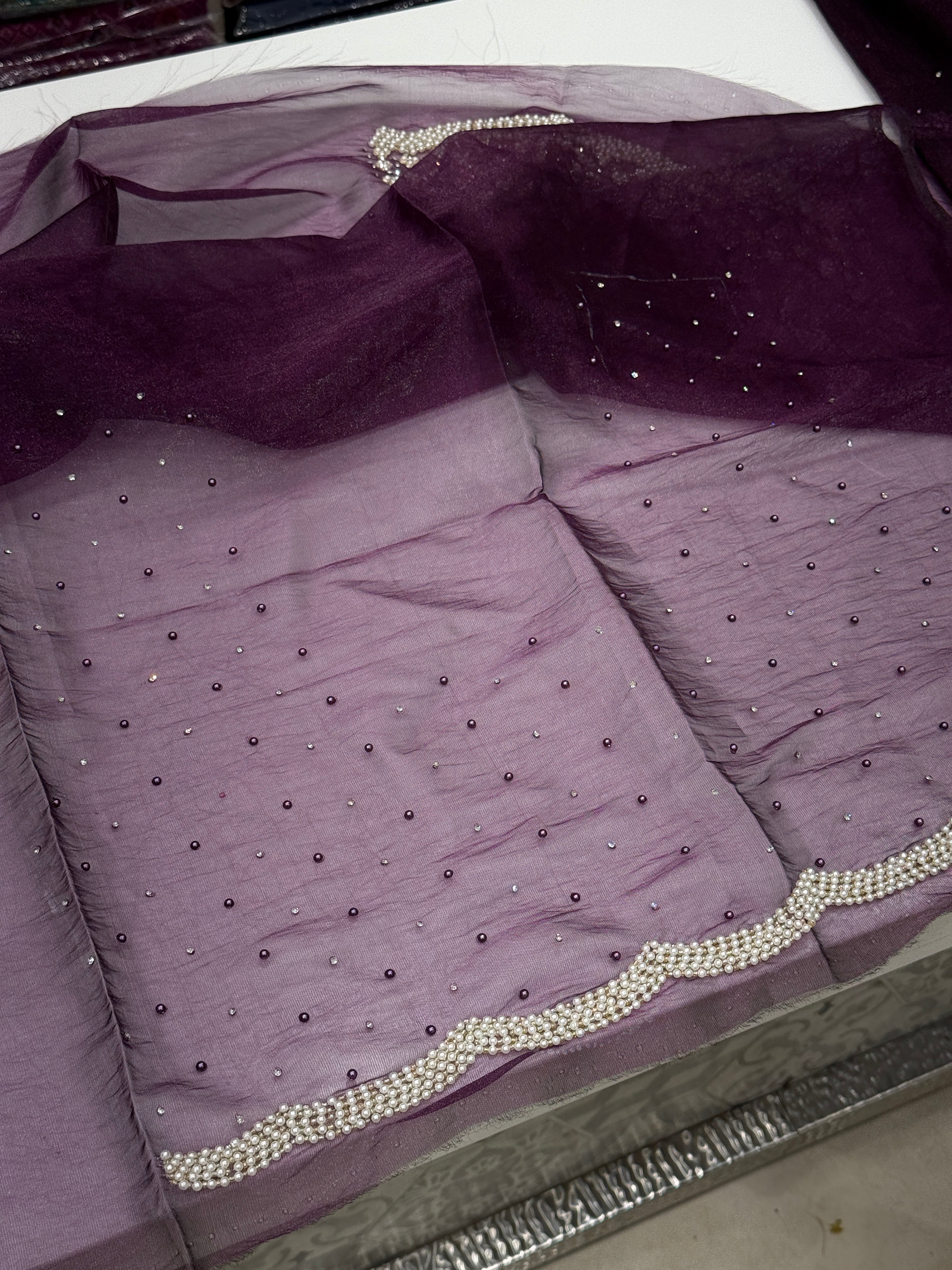 Violet Tissue Organza Moti Embroidery Saree
