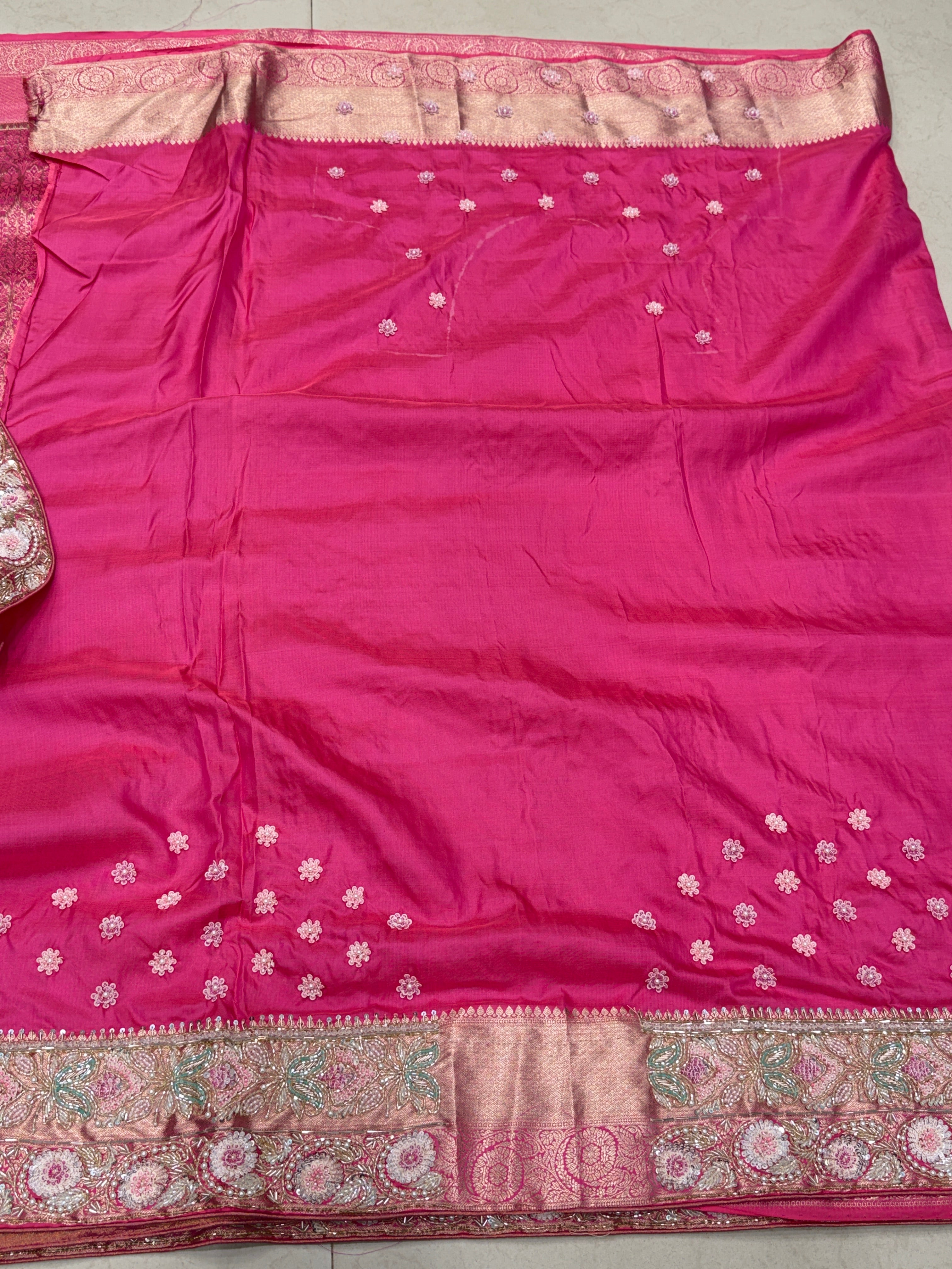 Crimson Pink Kanjivaram Moti Zardosi Hand Embroidery Saree