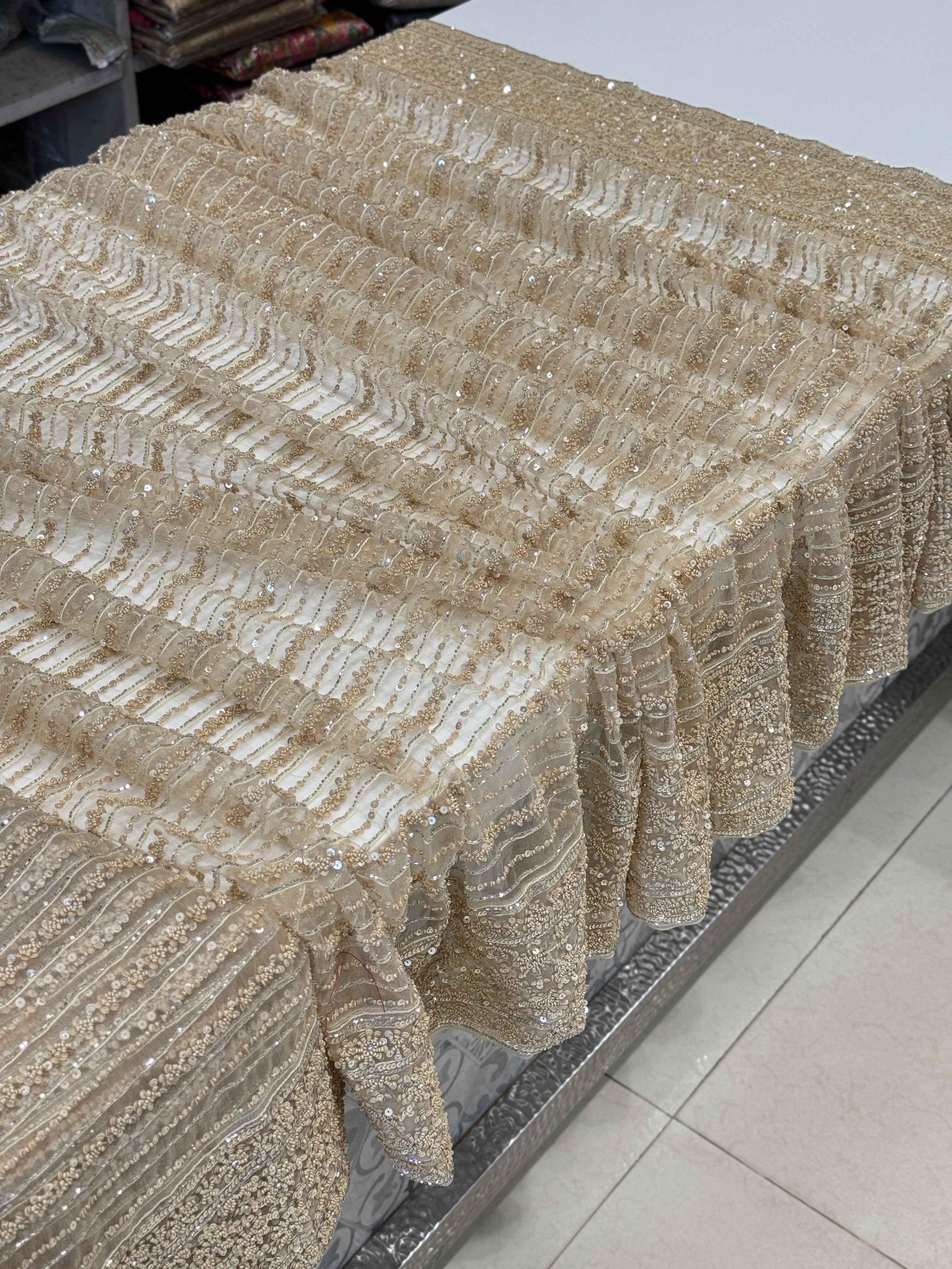 Beige Net Heavy Embroidery Saree