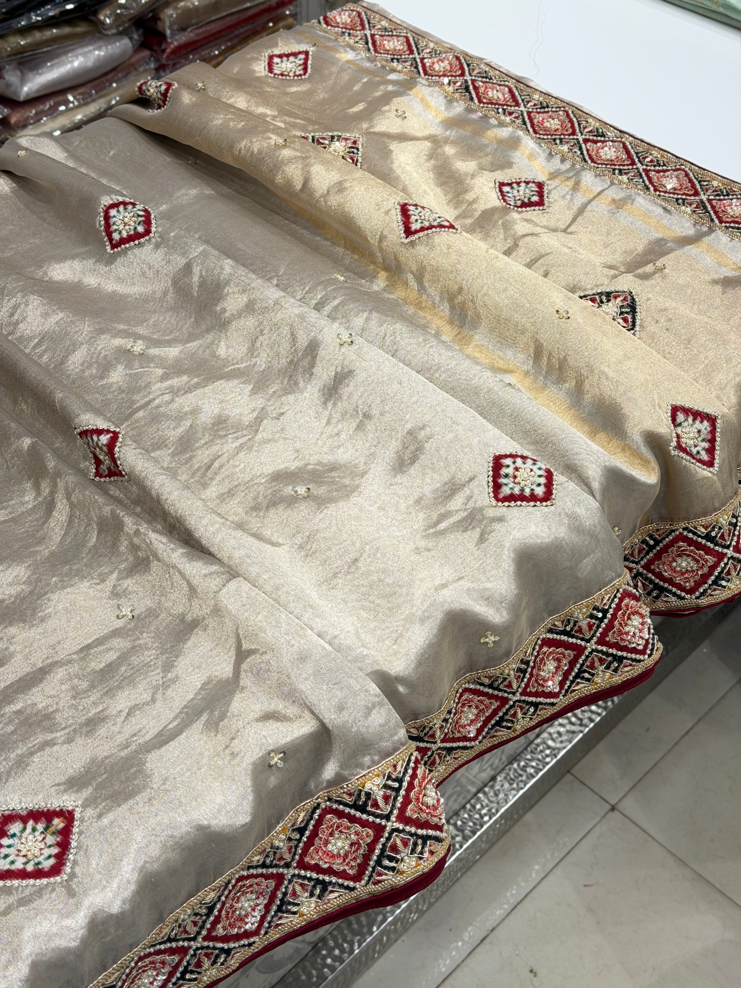 Silver Pure Tissue Patan Patola Patch Hand Embroidery Saree