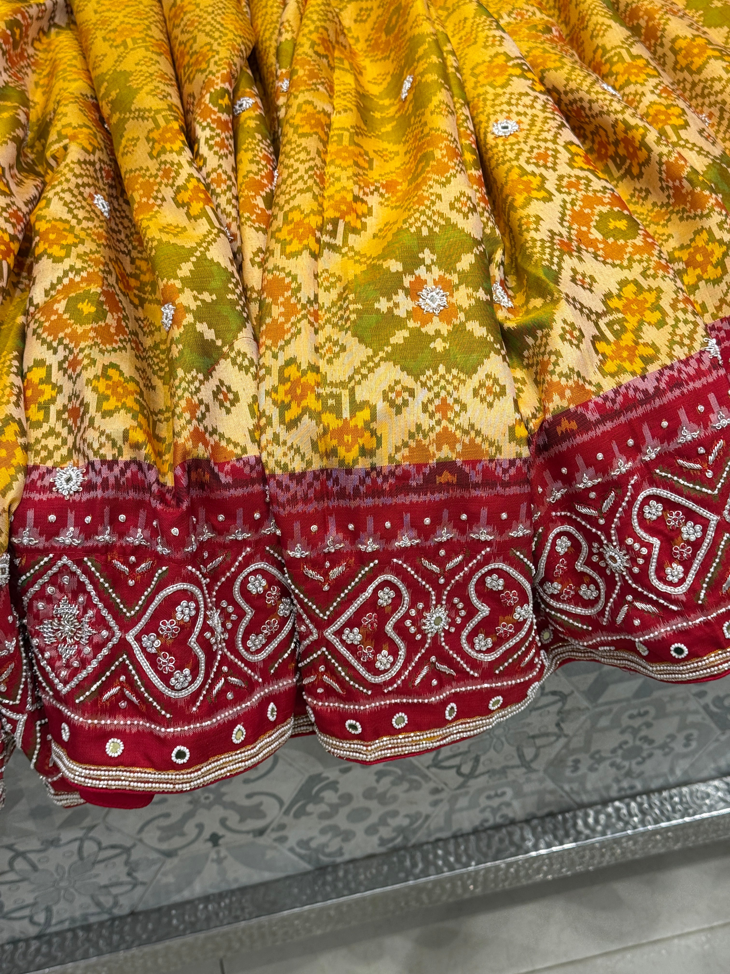 Mustard Yellow Pure Silk Patola Zardosi Hand Embroidery Saree