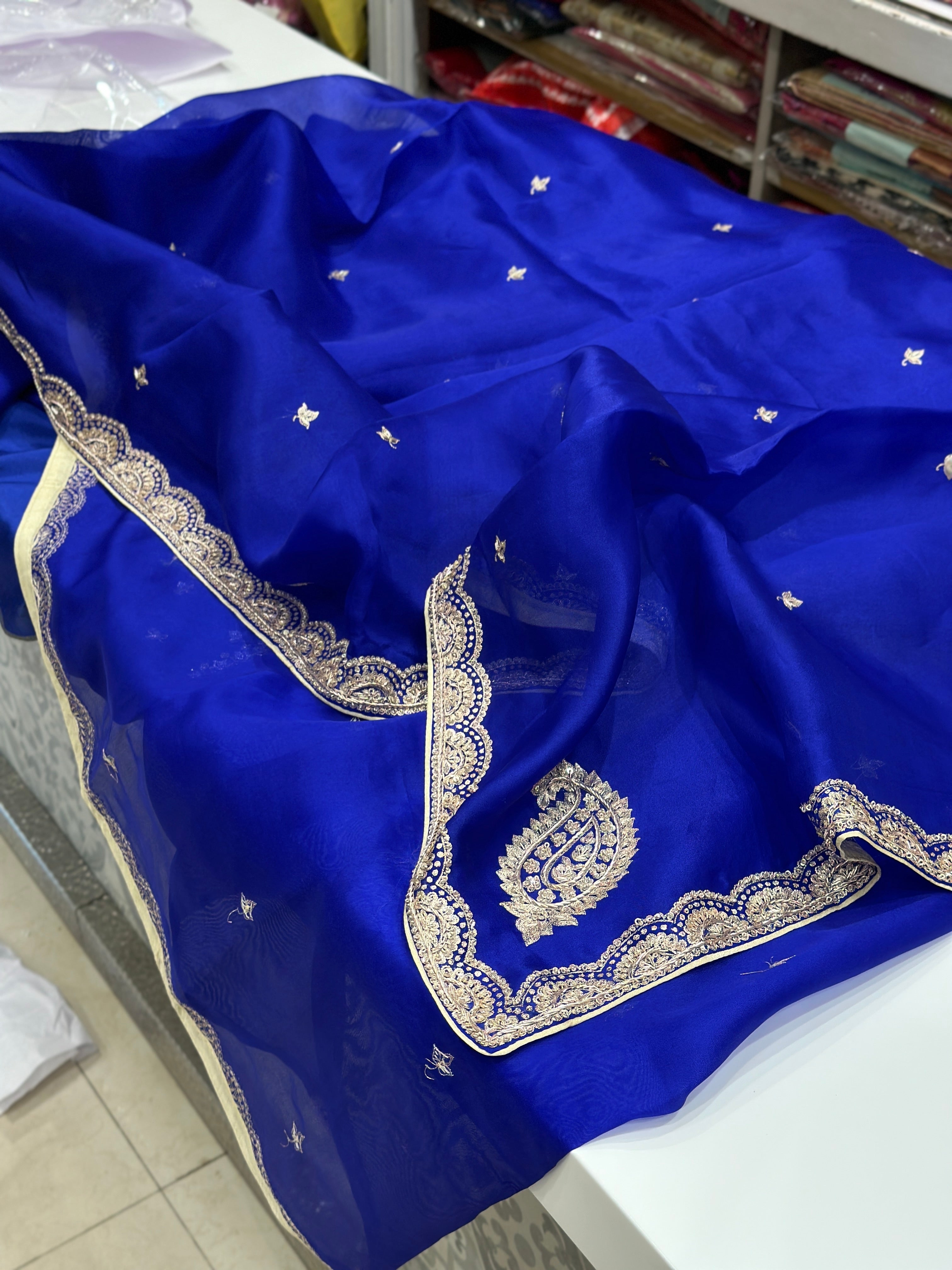 Blue Pure Organza Zardosi Saree