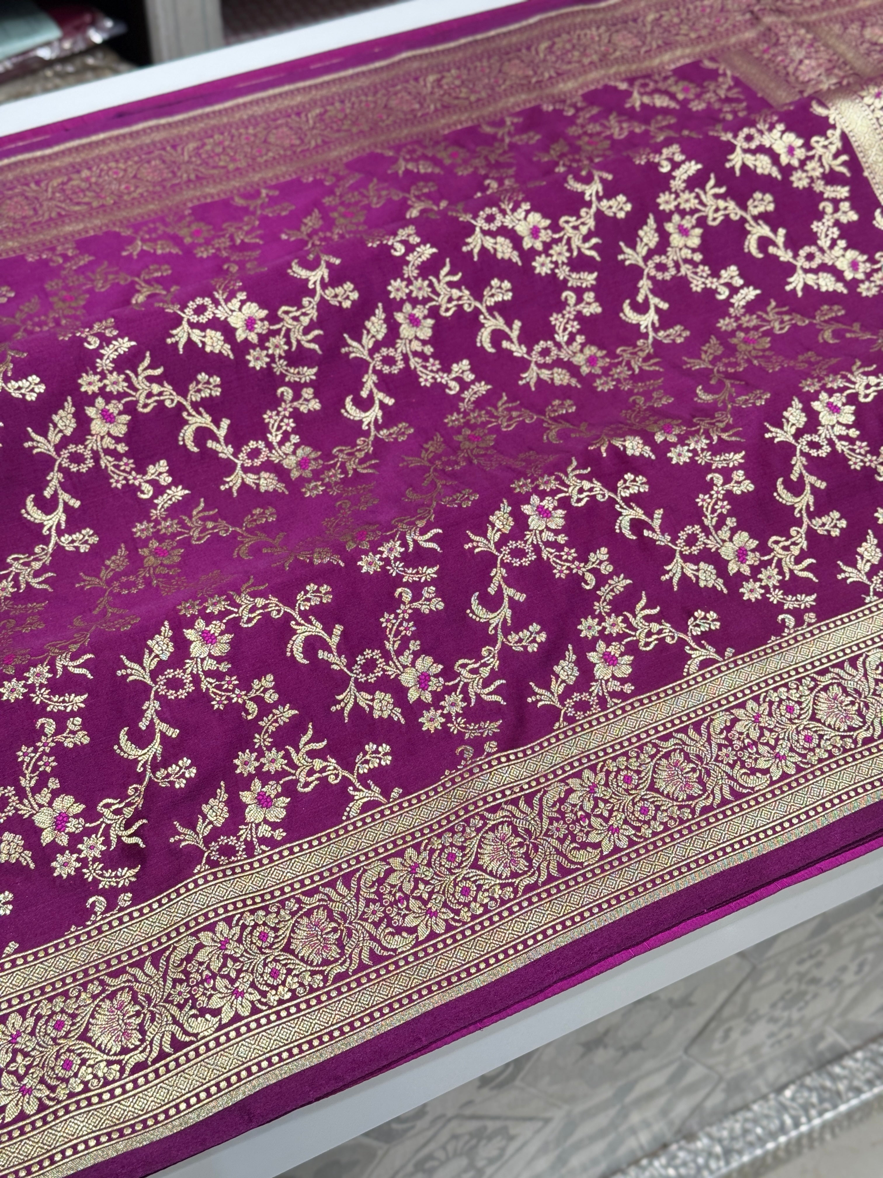Wine Banarasi Silk Meena Flower Border Saree