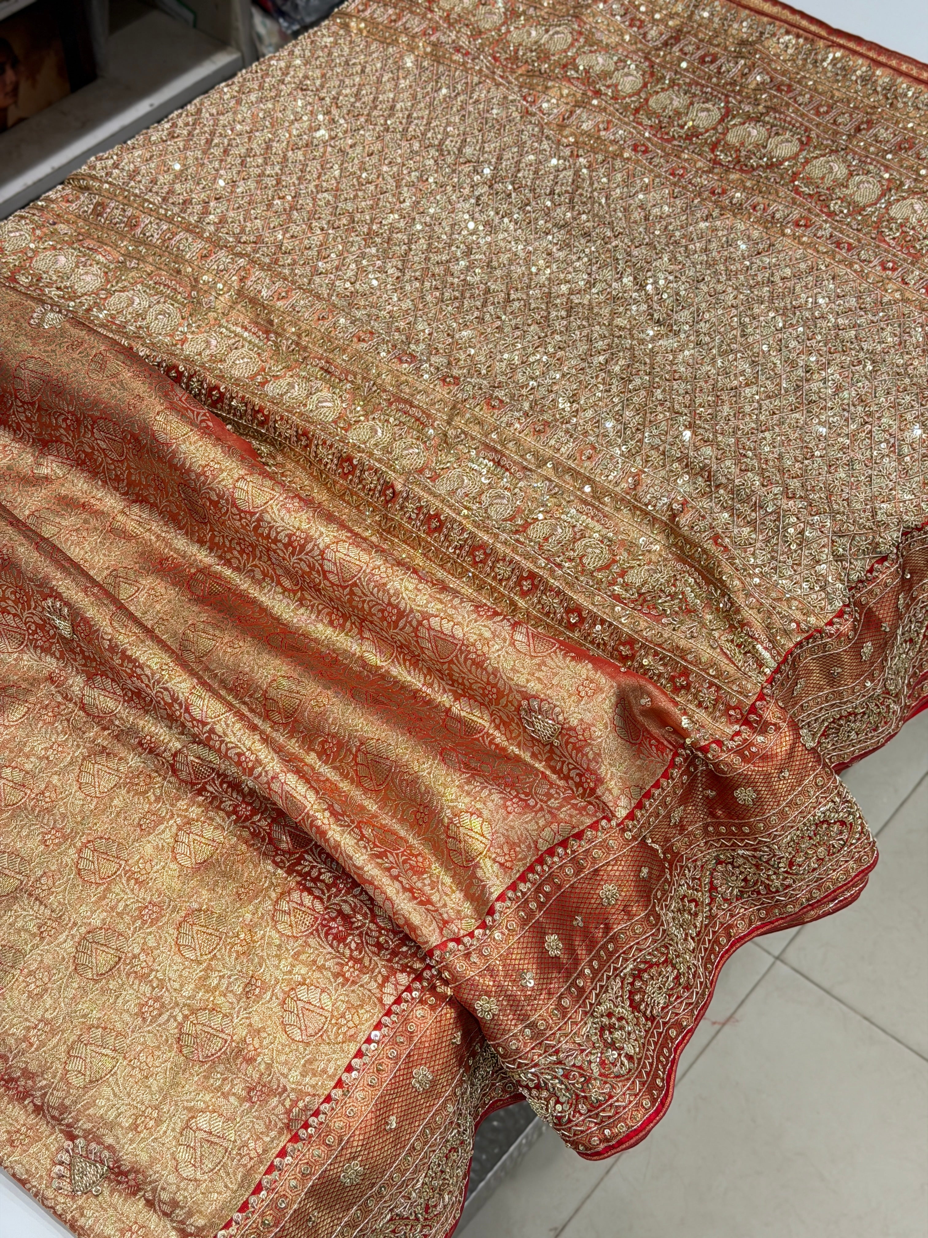 Gold Red Tissue Zardosi Kanjivaram Hand Embroidery Saree
