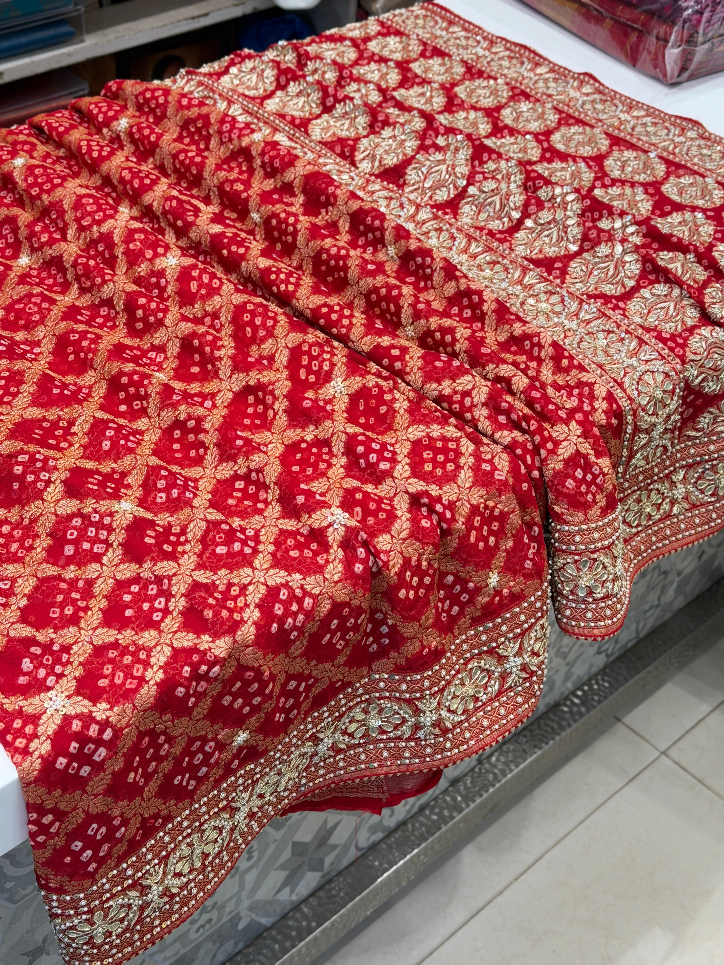 Red Bandhej Zardosi Pita Hand Embroidery Saree