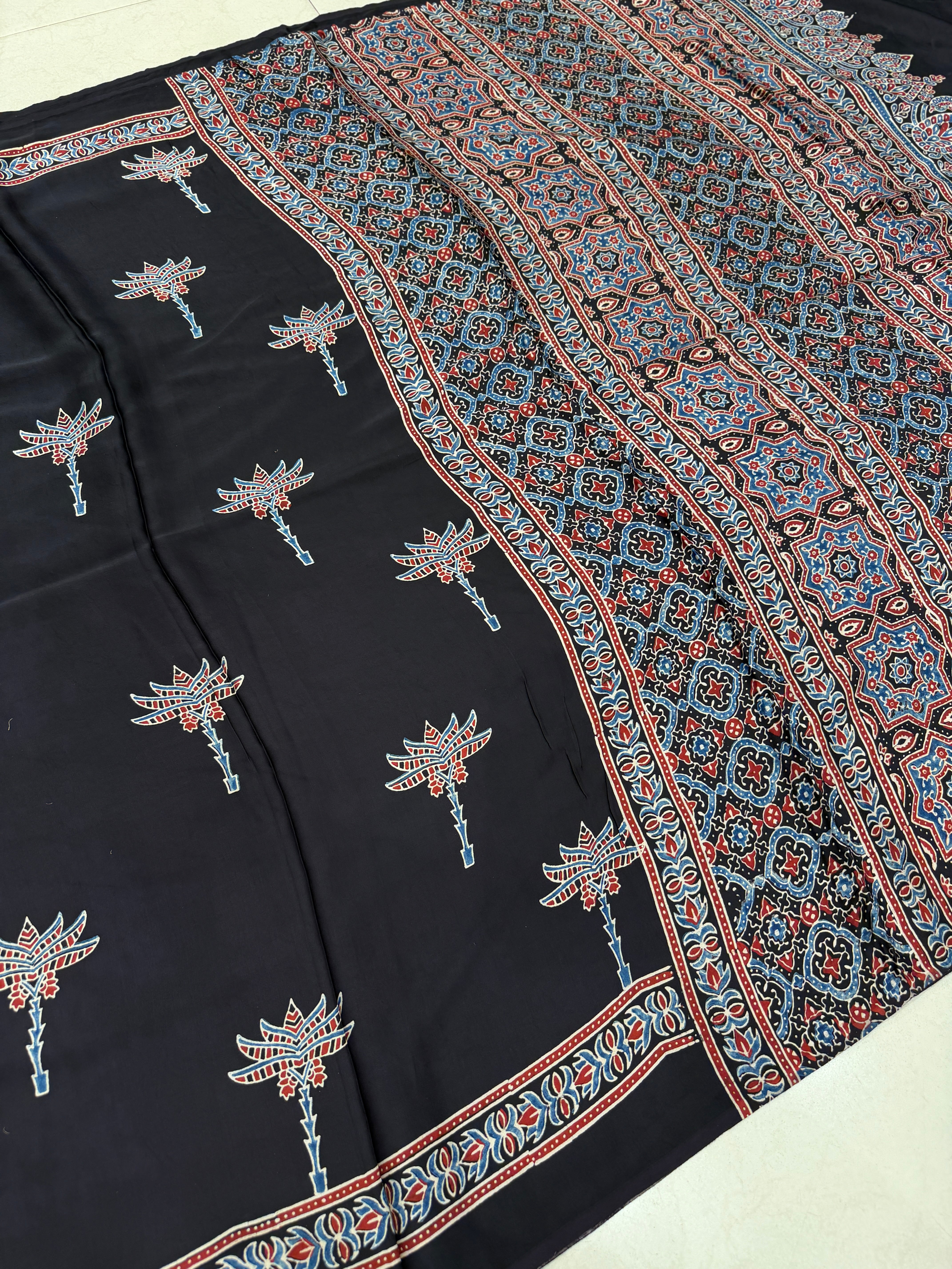 Black Contemporary Buttas Ajrakh Hand Block Print Pure Gajji Silk Saree
